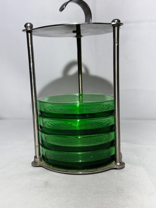 4 coasters with metal stand - Green glass- portable