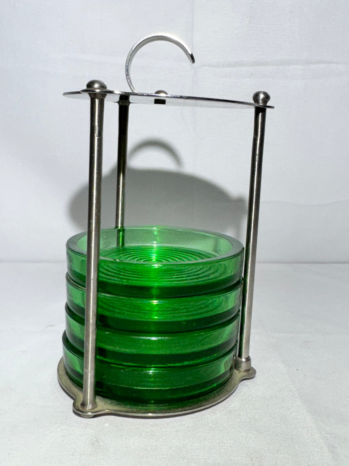 4 coasters with metal stand - Green glass- portable