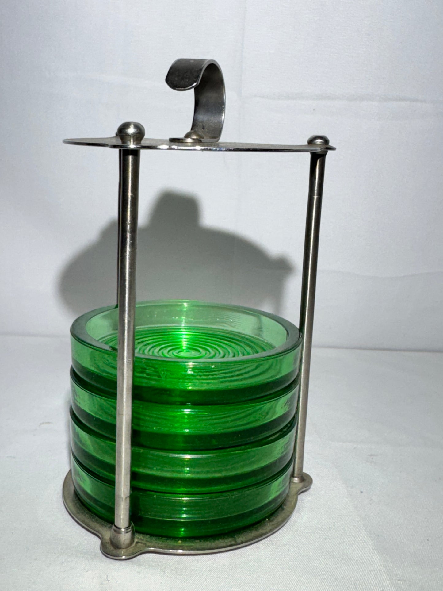 4 coasters with metal stand - Green glass- portable