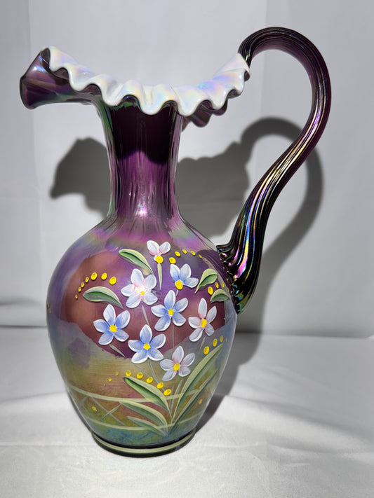 Fenton- 10” Pitcher - Hand Painted- 3 Signatures - Plum Carnival Iridescent - Ruffled