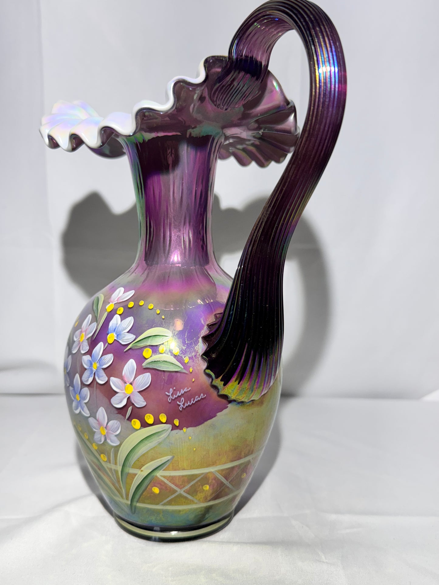Fenton- 10” Pitcher - Hand Painted- 3 Signatures - Plum Carnival Iridescent - Ruffled