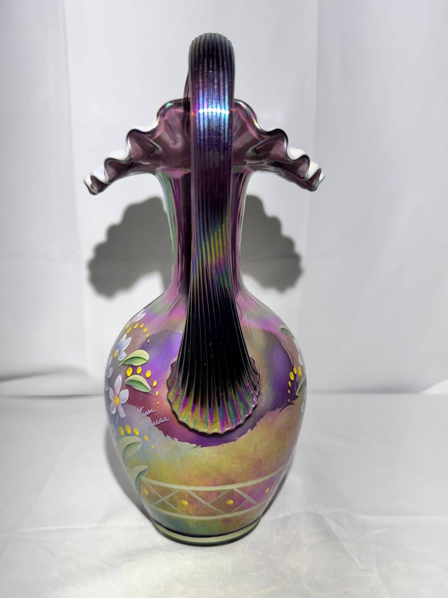 Fenton- 10” Pitcher - Hand Painted- 3 Signatures - Plum Carnival Iridescent - Ruffled