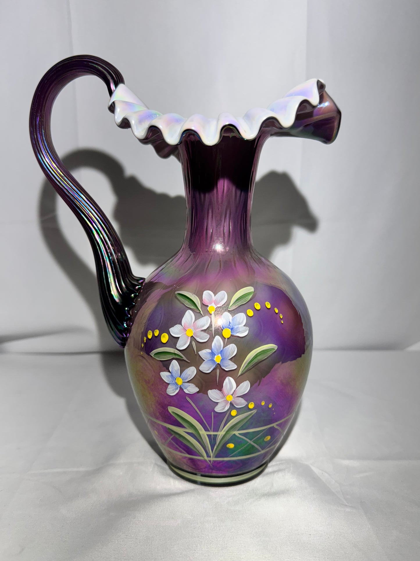 Fenton- 10” Pitcher - Hand Painted- 3 Signatures - Plum Carnival Iridescent - Ruffled