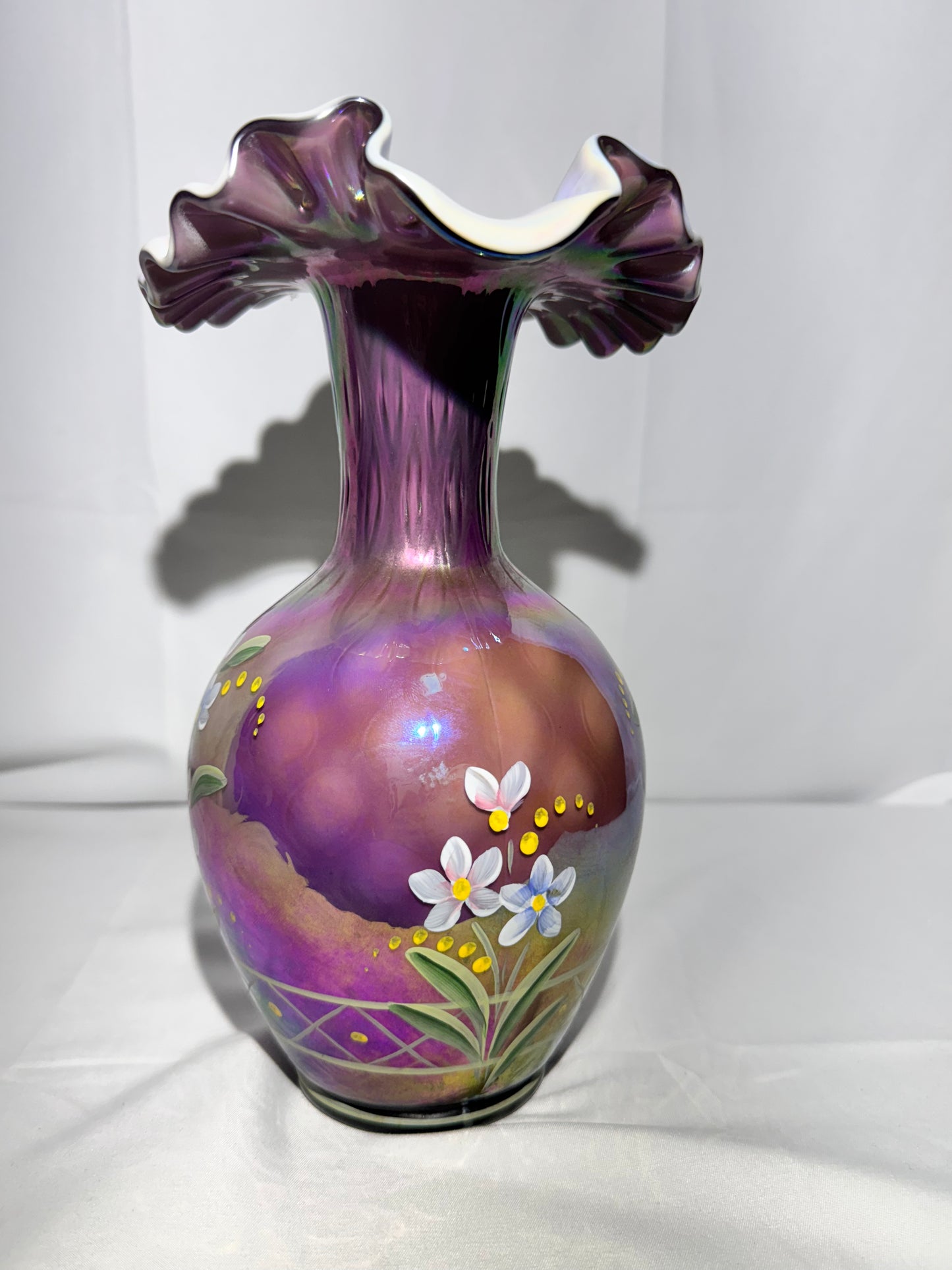 Fenton- 10” Pitcher - Hand Painted- 3 Signatures - Plum Carnival Iridescent - Ruffled