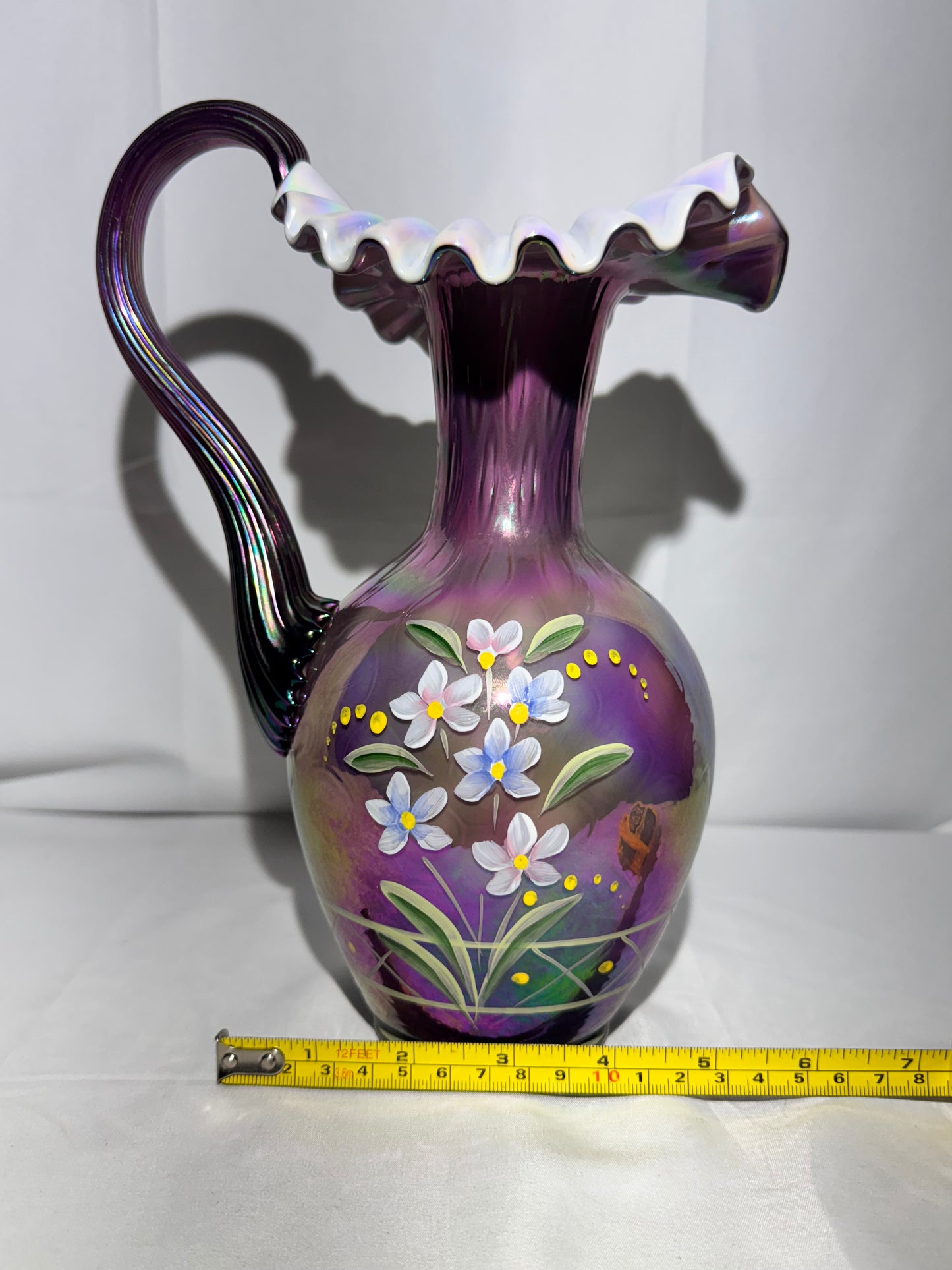 Fenton- 10” Pitcher - Hand Painted- 3 Signatures - Plum Carnival Iridescent - Ruffled