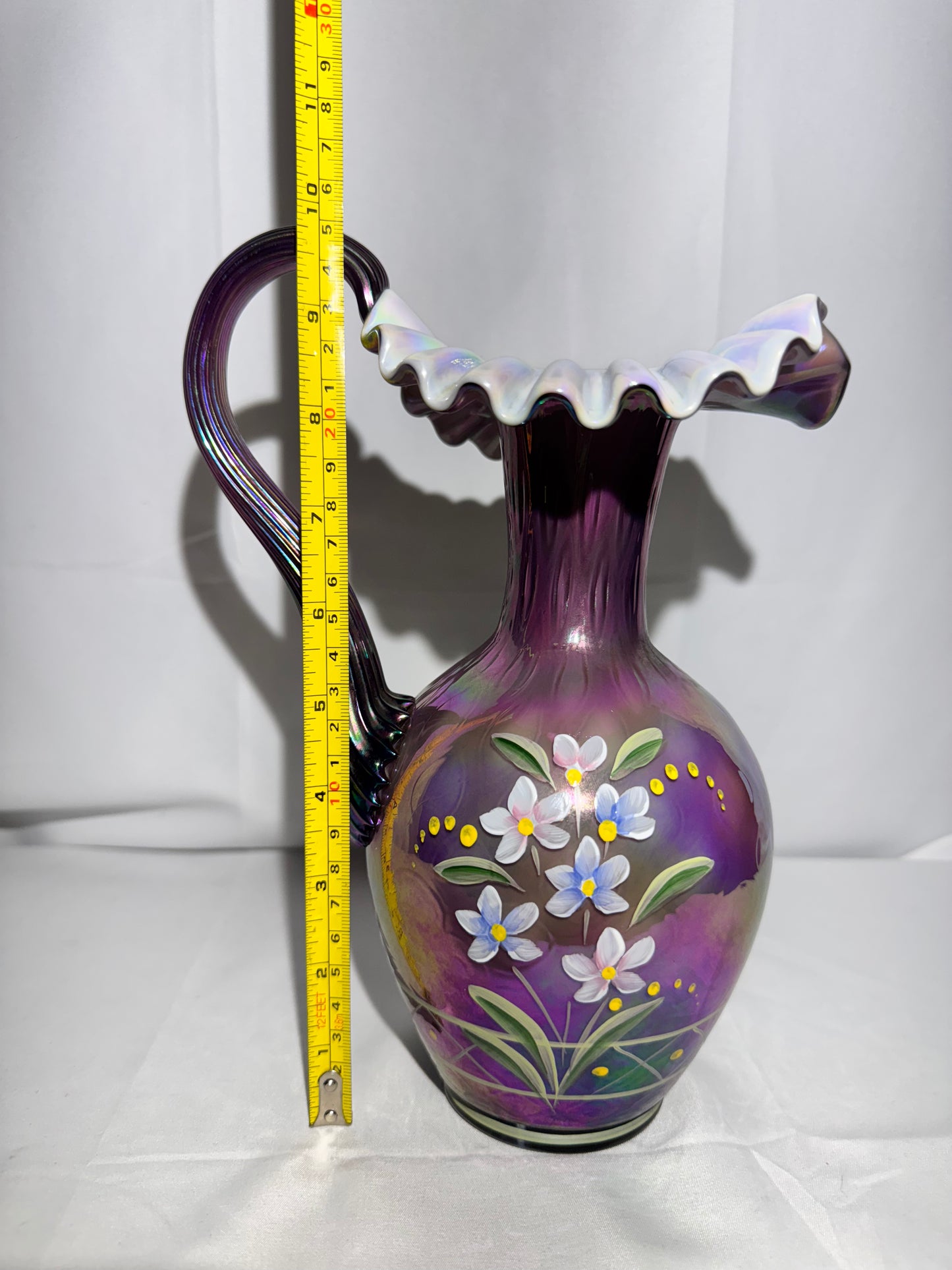 Fenton- 10” Pitcher - Hand Painted- 3 Signatures - Plum Carnival Iridescent - Ruffled