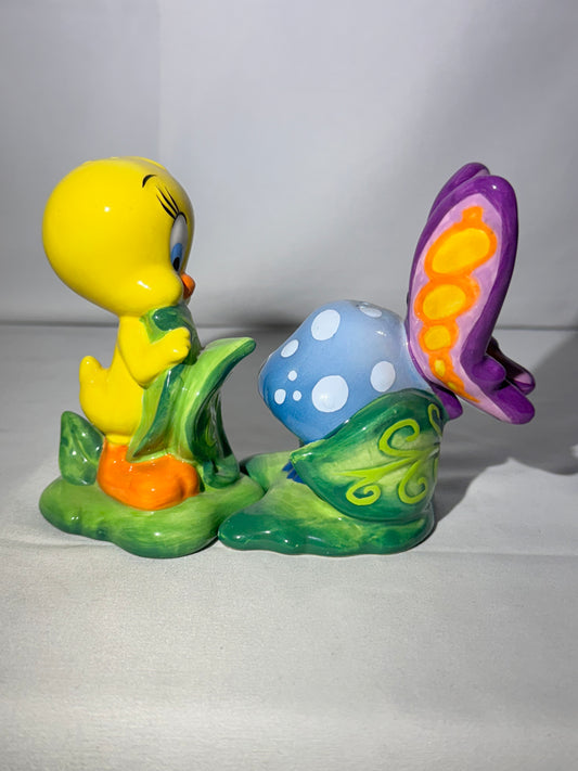 Tweety Bird & Butterfly on mushroom- Salty and Pepper-Warner Brothers- Looney Tunes - Enchanted Garden