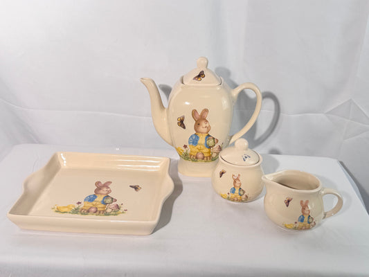 Rabbit Tea Set -set of 6 - serving tray, tea pot with lid, sugar with lid, creamer- Nostalgic Easter