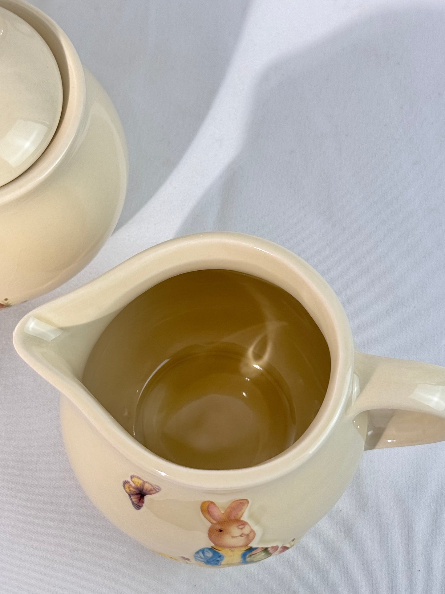 Rabbit Tea Set -set of 6 - serving tray, tea pot with lid, sugar with lid, creamer- Nostalgic Easter