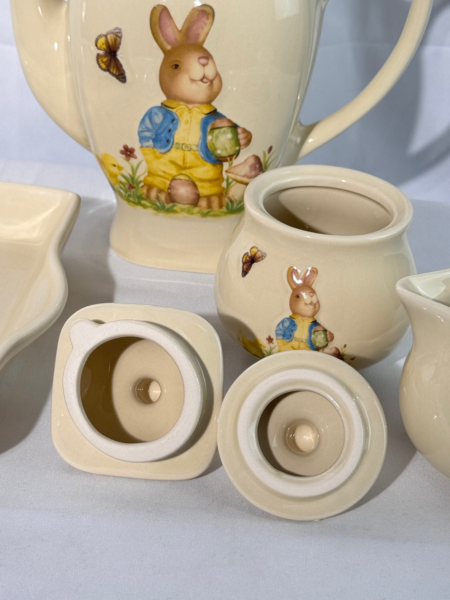 Rabbit Tea Set -set of 6 - serving tray, tea pot with lid, sugar with lid, creamer- Nostalgic Easter
