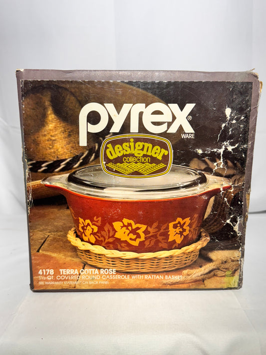 Pyrex- Terra Cotta Rose - 1 1/5 QT. Covered round casserole with rattan basket-item 4177-Corningware