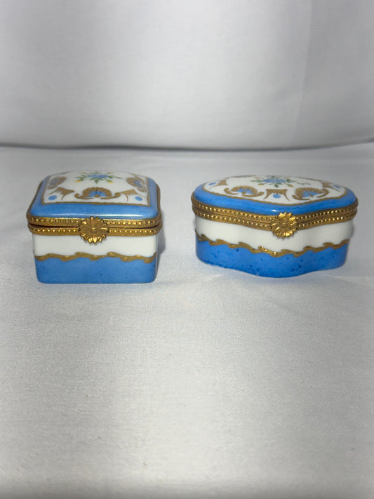 Set of 2 Limoges France Hand-Painted Porcelain Trinket Boxes – Blue, White & Gold