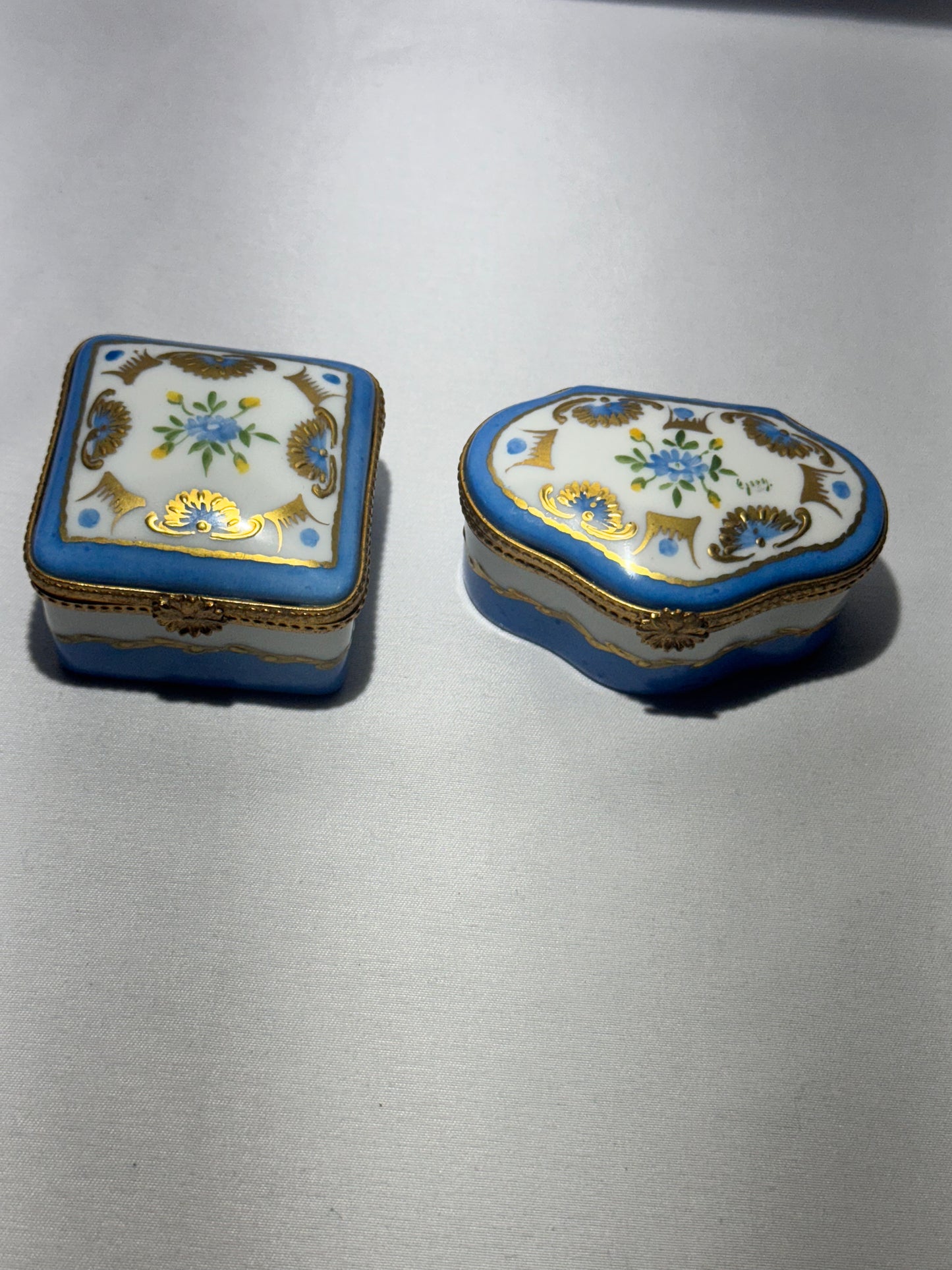 Set of 2 Limoges France Hand-Painted Porcelain Trinket Boxes – Blue, White & Gold