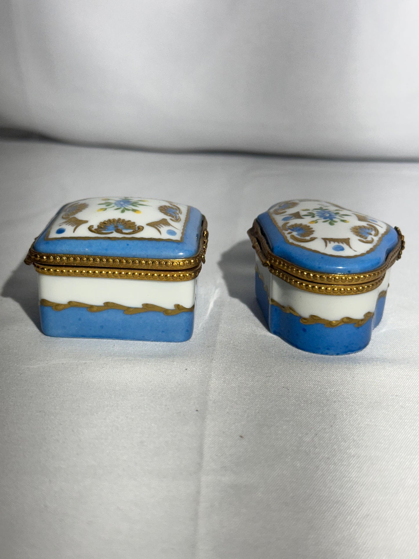 Set of 2 Limoges France Hand-Painted Porcelain Trinket Boxes – Blue, White & Gold
