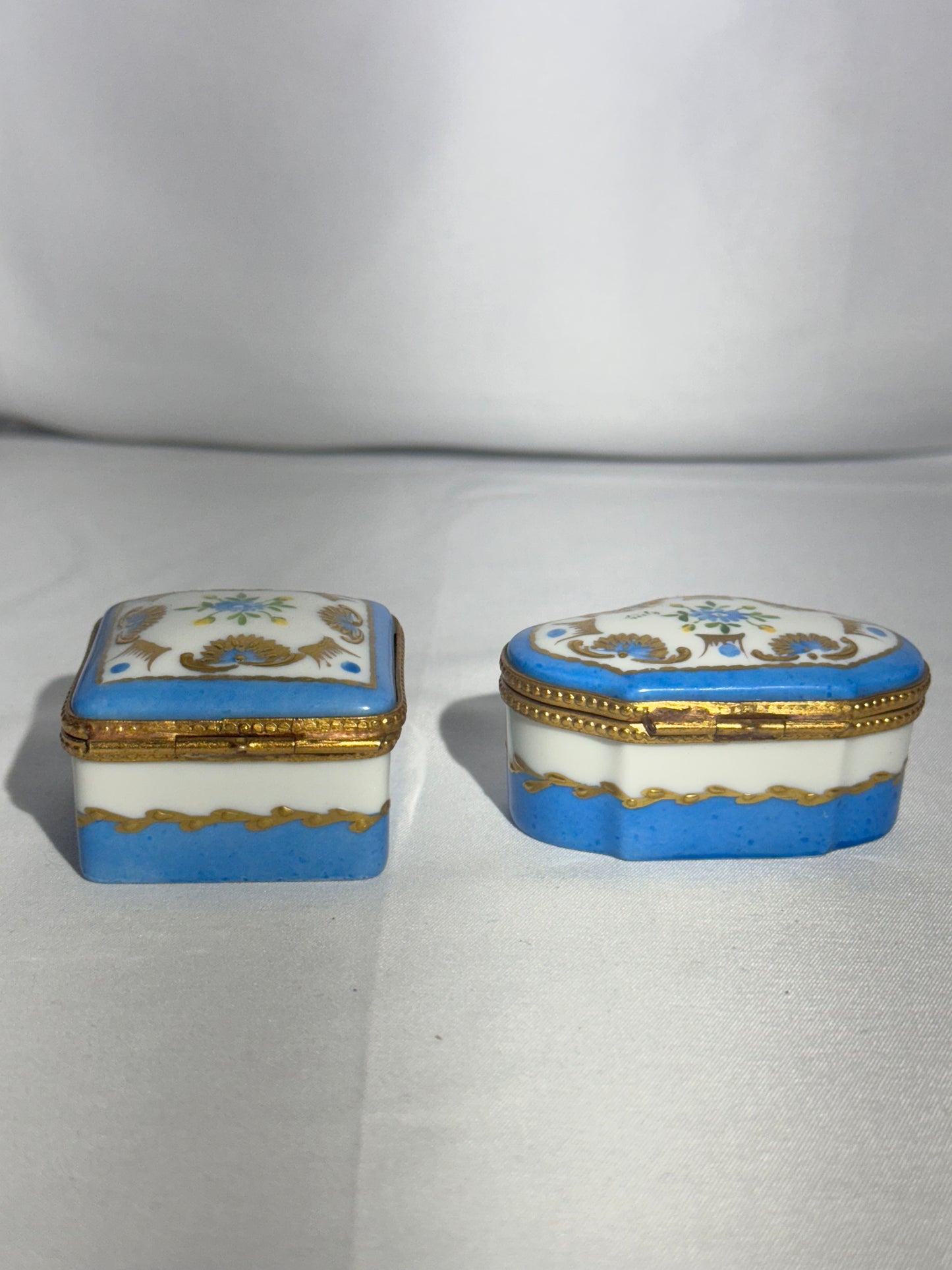 Set of 2 Limoges France Hand-Painted Porcelain Trinket Boxes – Blue, White & Gold