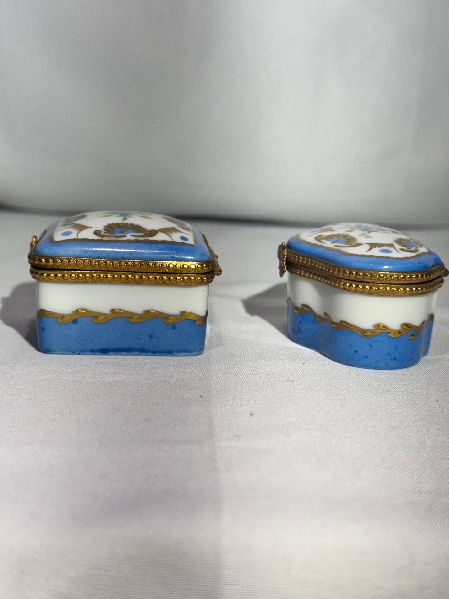 Set of 2 Limoges France Hand-Painted Porcelain Trinket Boxes – Blue, White & Gold