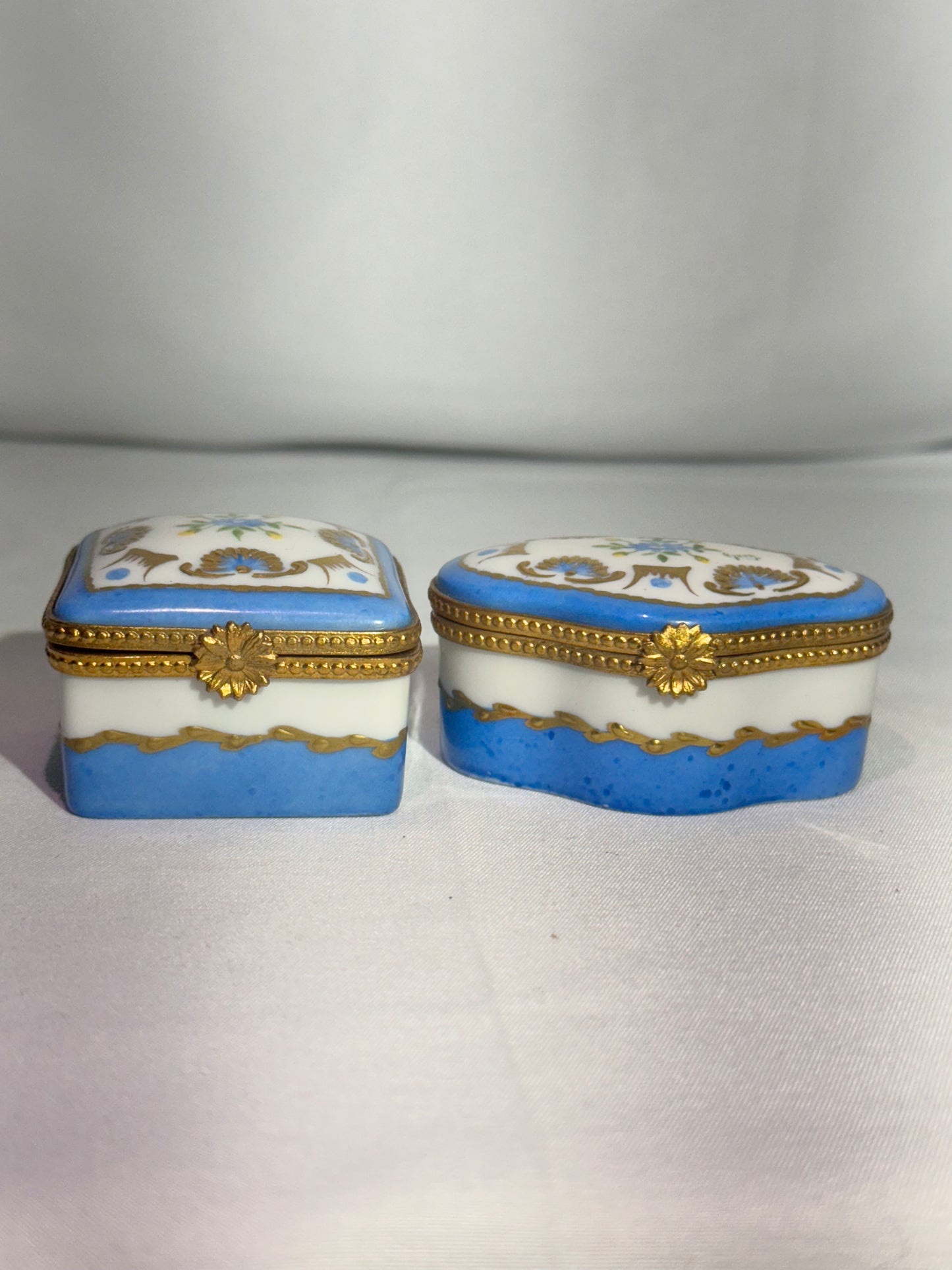 Set of 2 Limoges France Hand-Painted Porcelain Trinket Boxes – Blue, White & Gold