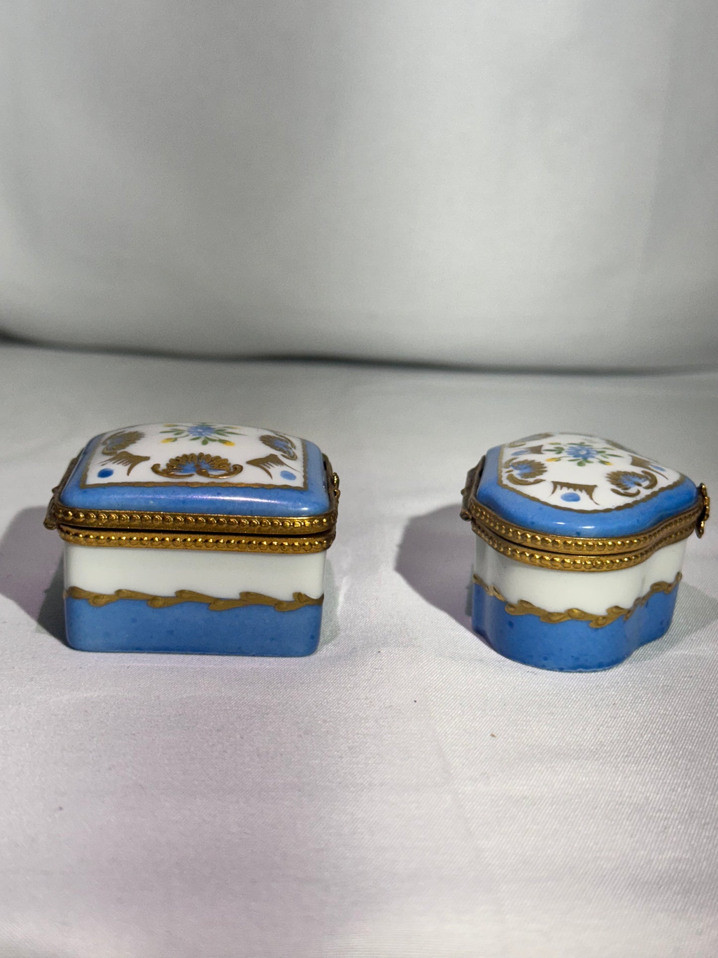 Set of 2 Limoges France Hand-Painted Porcelain Trinket Boxes – Blue, White & Gold
