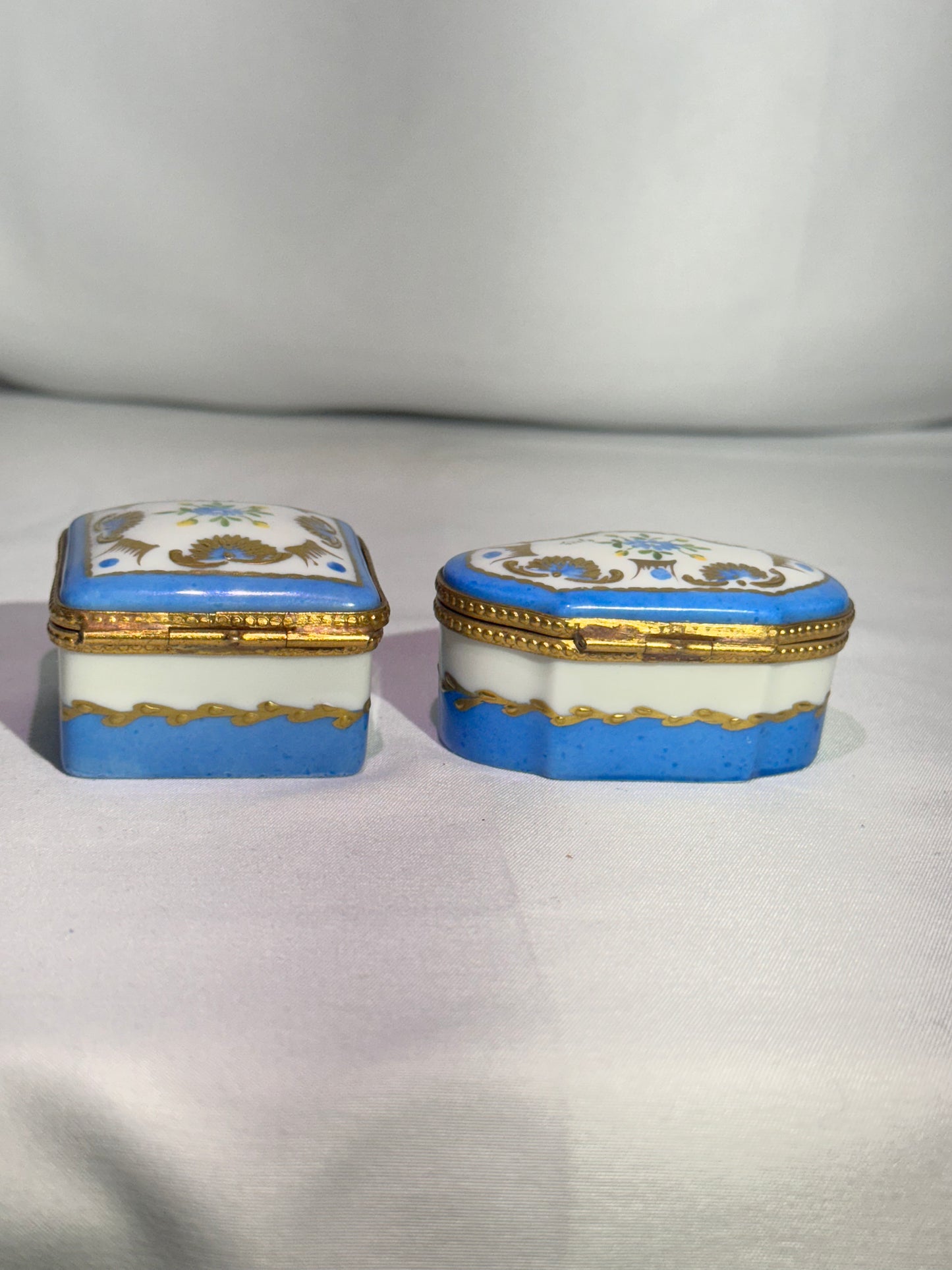 Set of 2 Limoges France Hand-Painted Porcelain Trinket Boxes – Blue, White & Gold