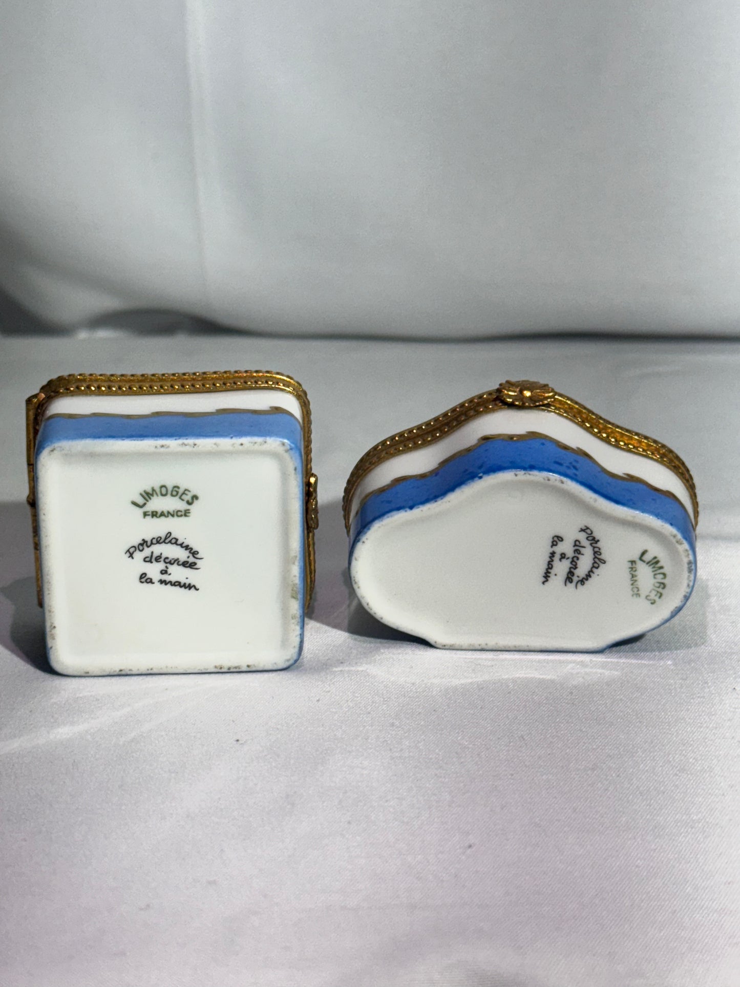 Set of 2 Limoges France Hand-Painted Porcelain Trinket Boxes – Blue, White & Gold