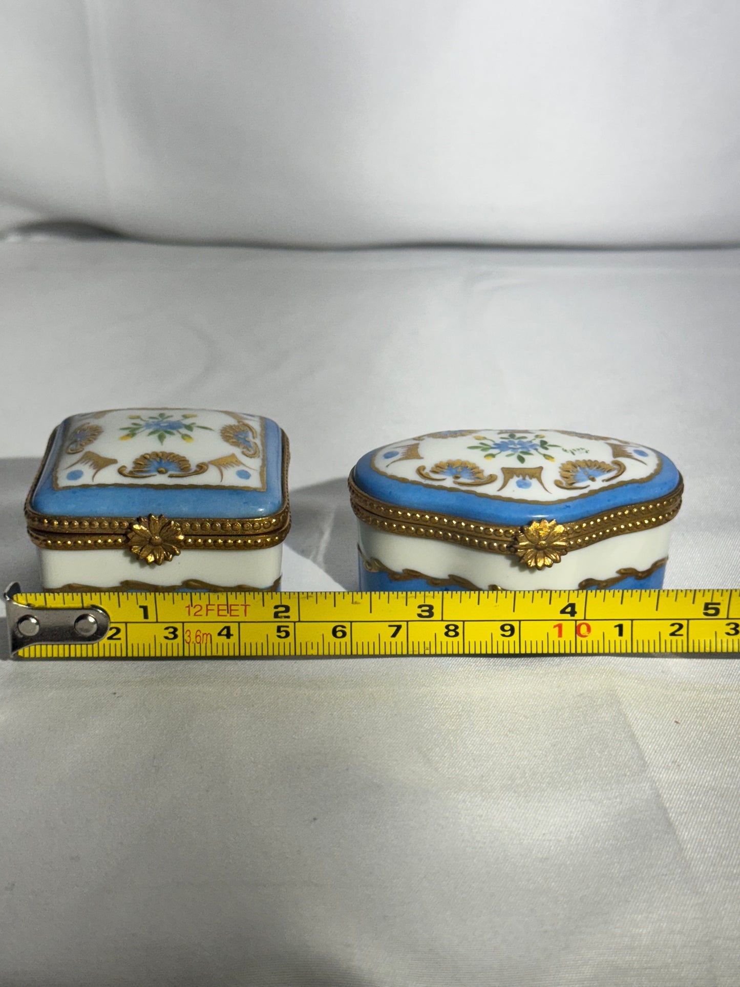 Set of 2 Limoges France Hand-Painted Porcelain Trinket Boxes – Blue, White & Gold