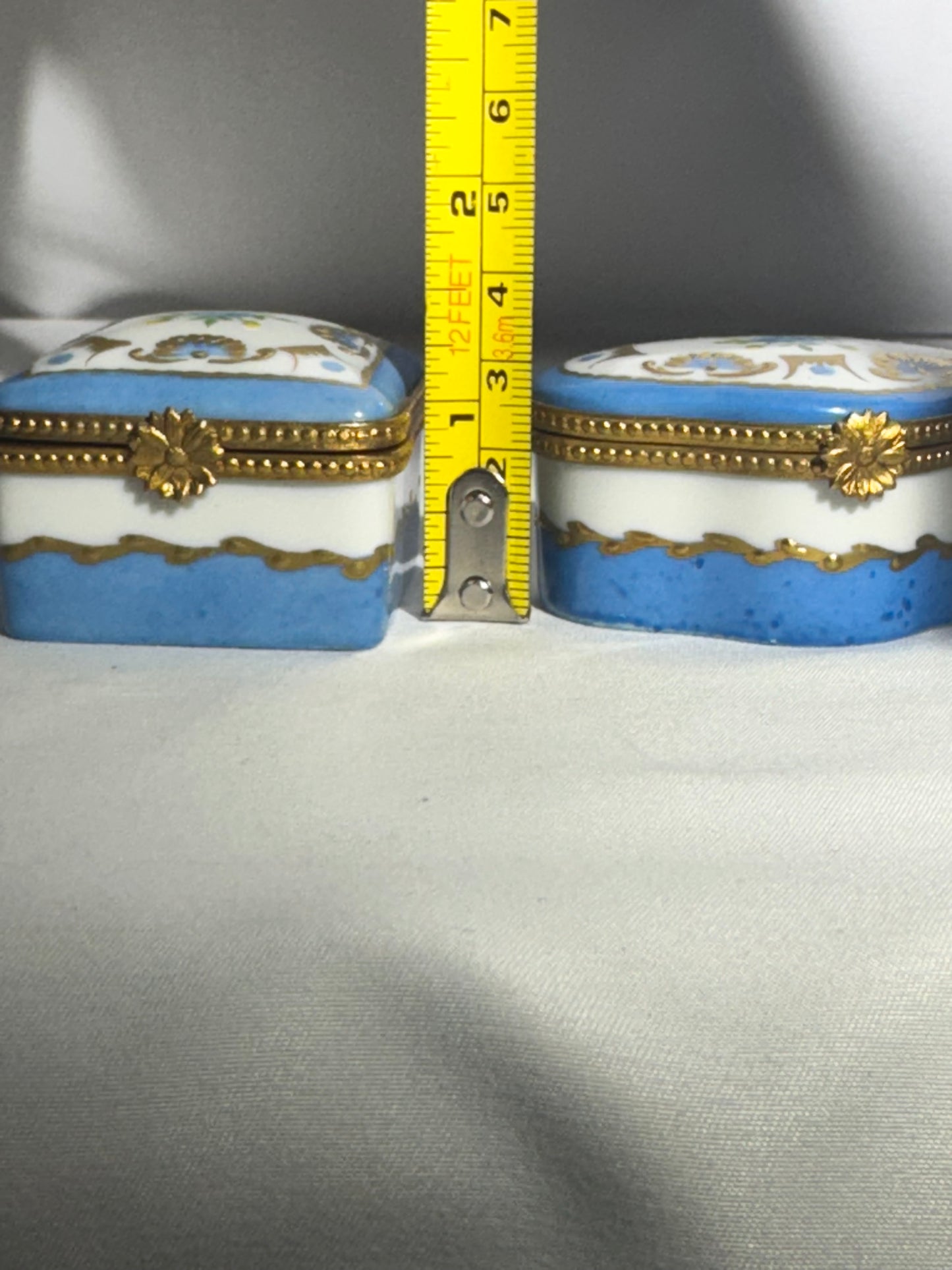 Set of 2 Limoges France Hand-Painted Porcelain Trinket Boxes – Blue, White & Gold