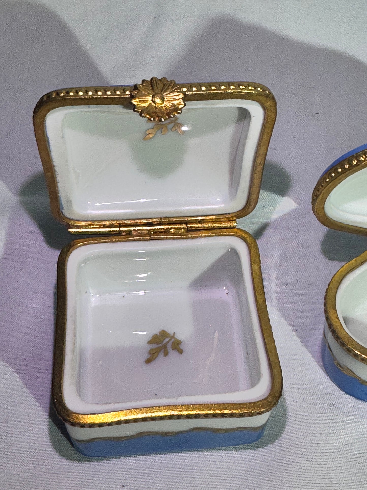 Set of 2 Limoges France Hand-Painted Porcelain Trinket Boxes – Blue, White & Gold