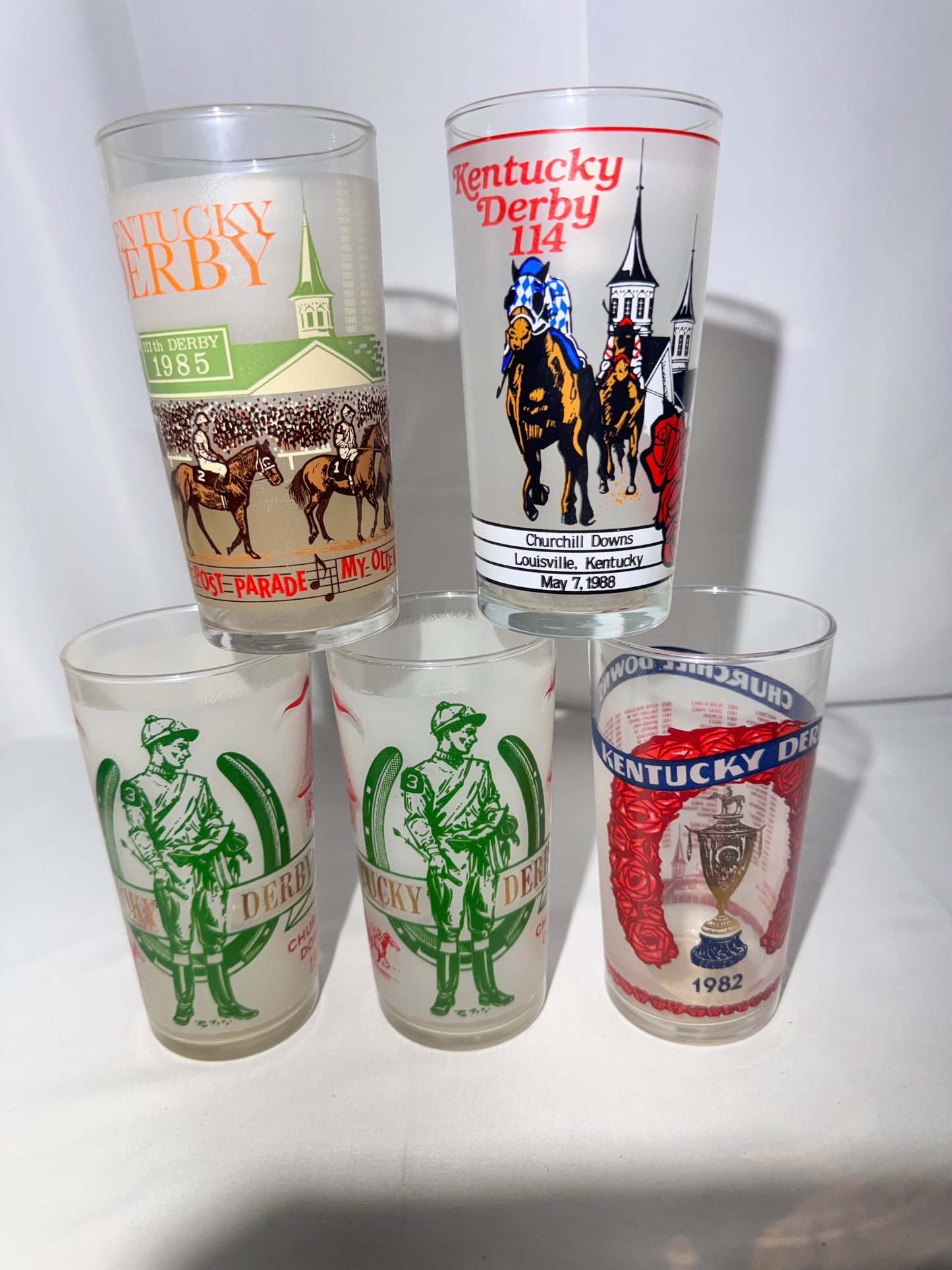 Vintage Kentucky Derby Souvenir Glass Collection – Lot of 5 (1969, 1982, 1985, 1988)