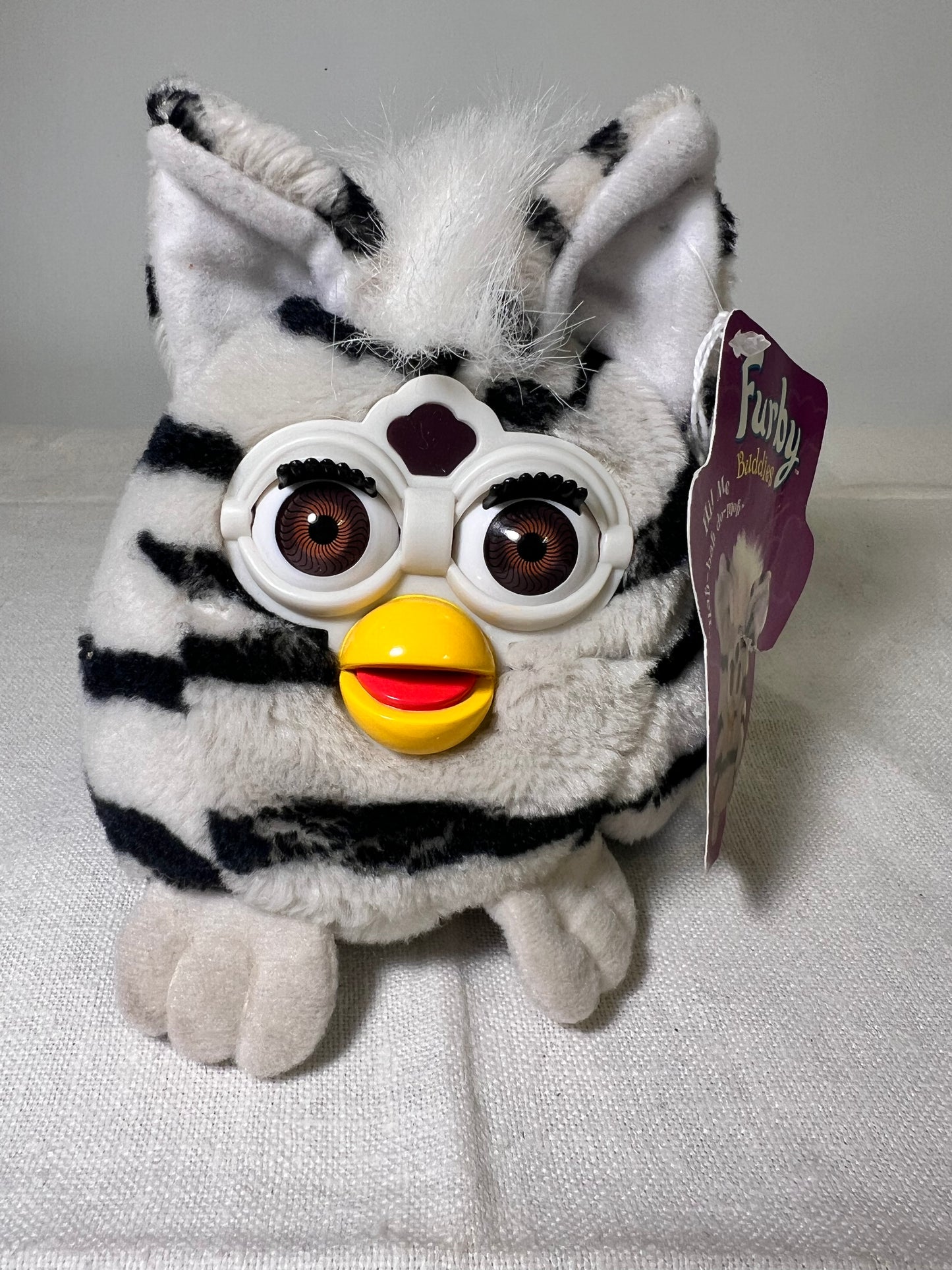 Furby Buddies- Down Please- 1999-Tiger Electronic- Plushy-white with black stripes- brown eyes