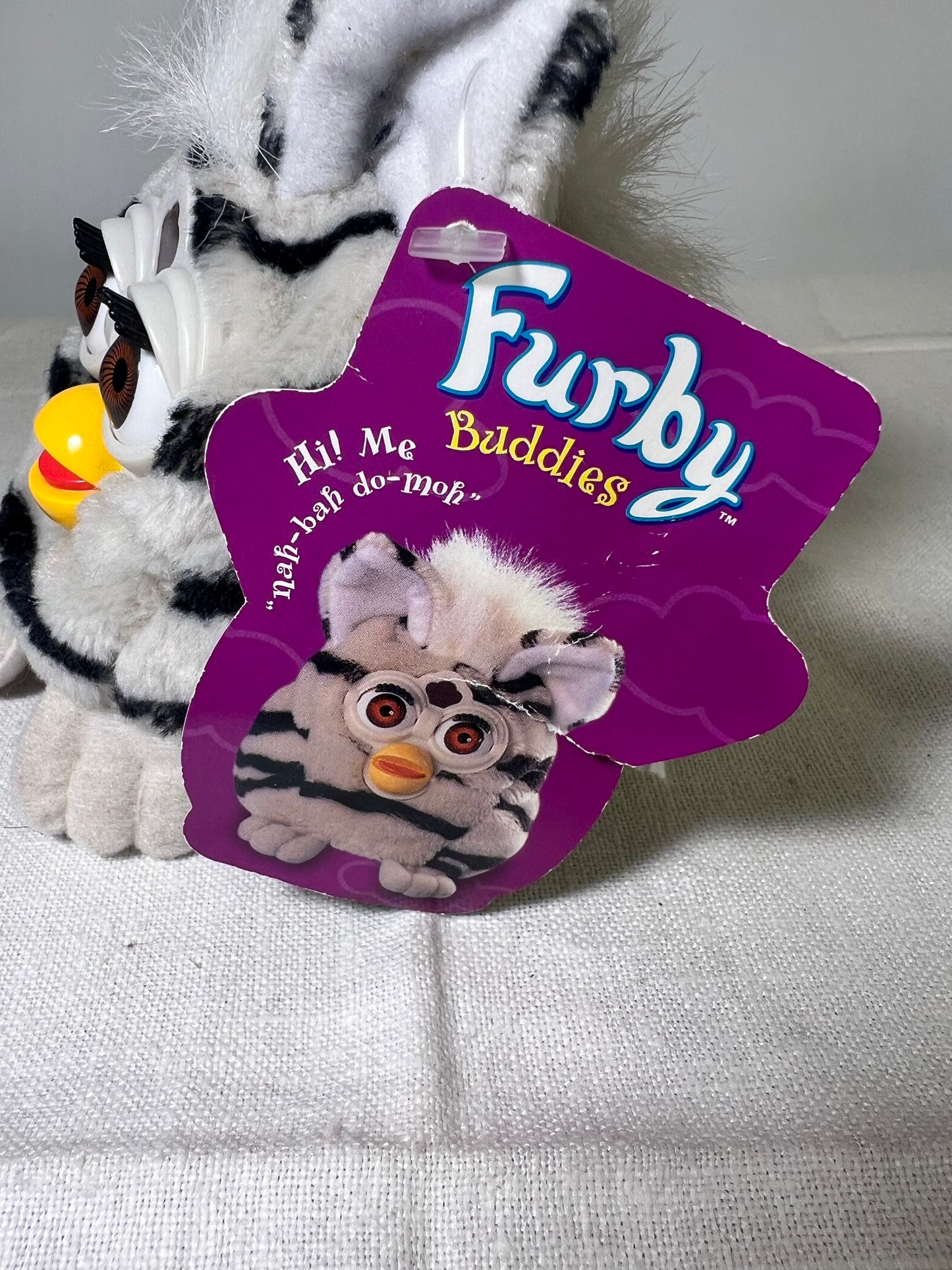 Furby Buddies- Down Please- 1999-Tiger Electronic- Plushy-white with black stripes- brown eyes