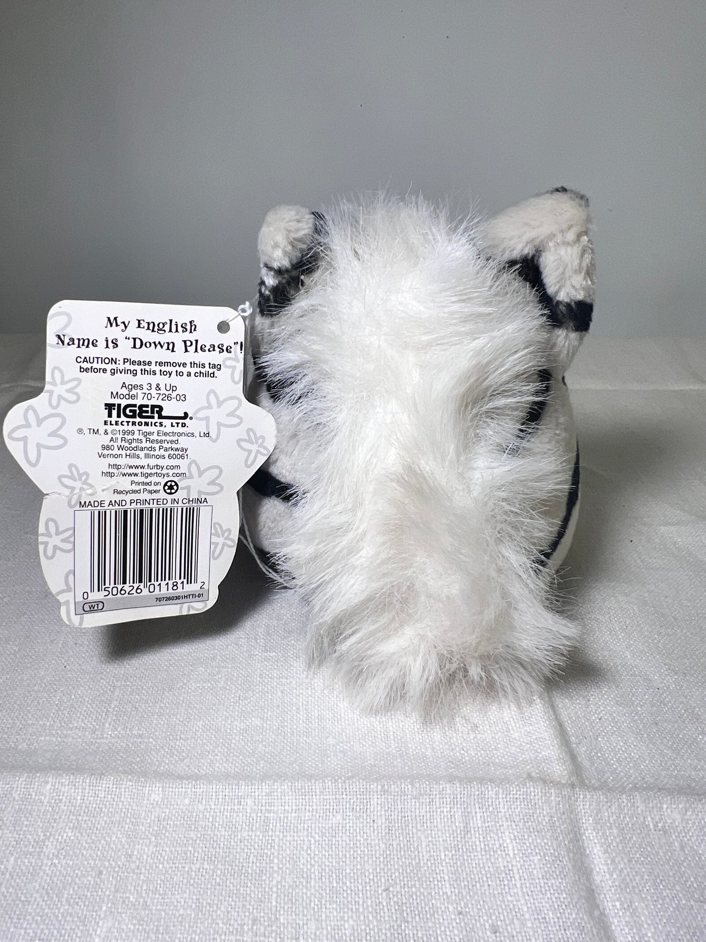 Furby Buddies- Down Please- 1999-Tiger Electronic- Plushy-white with black stripes- brown eyes