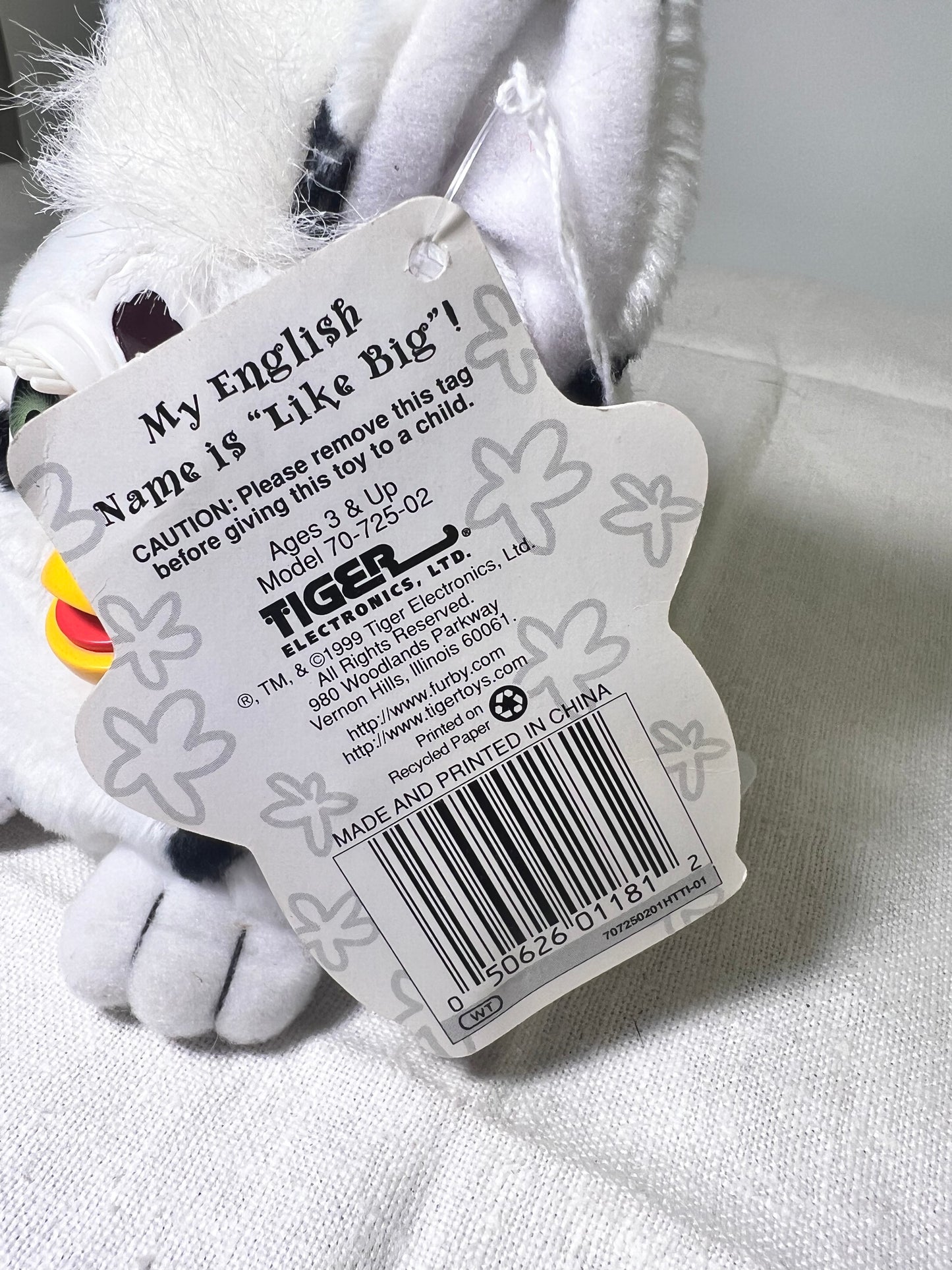 Furby Buddies- Like Big- 1999- Tiger Electronics- white with black spots- Green Eyes