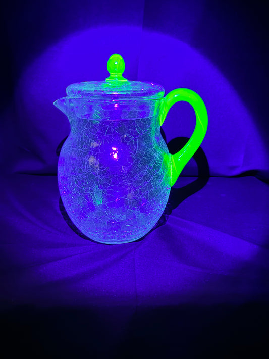 Vintage H.C. Fry Crackle Glass Pitcher – Uranium Green Handle & Knob – 1920s
