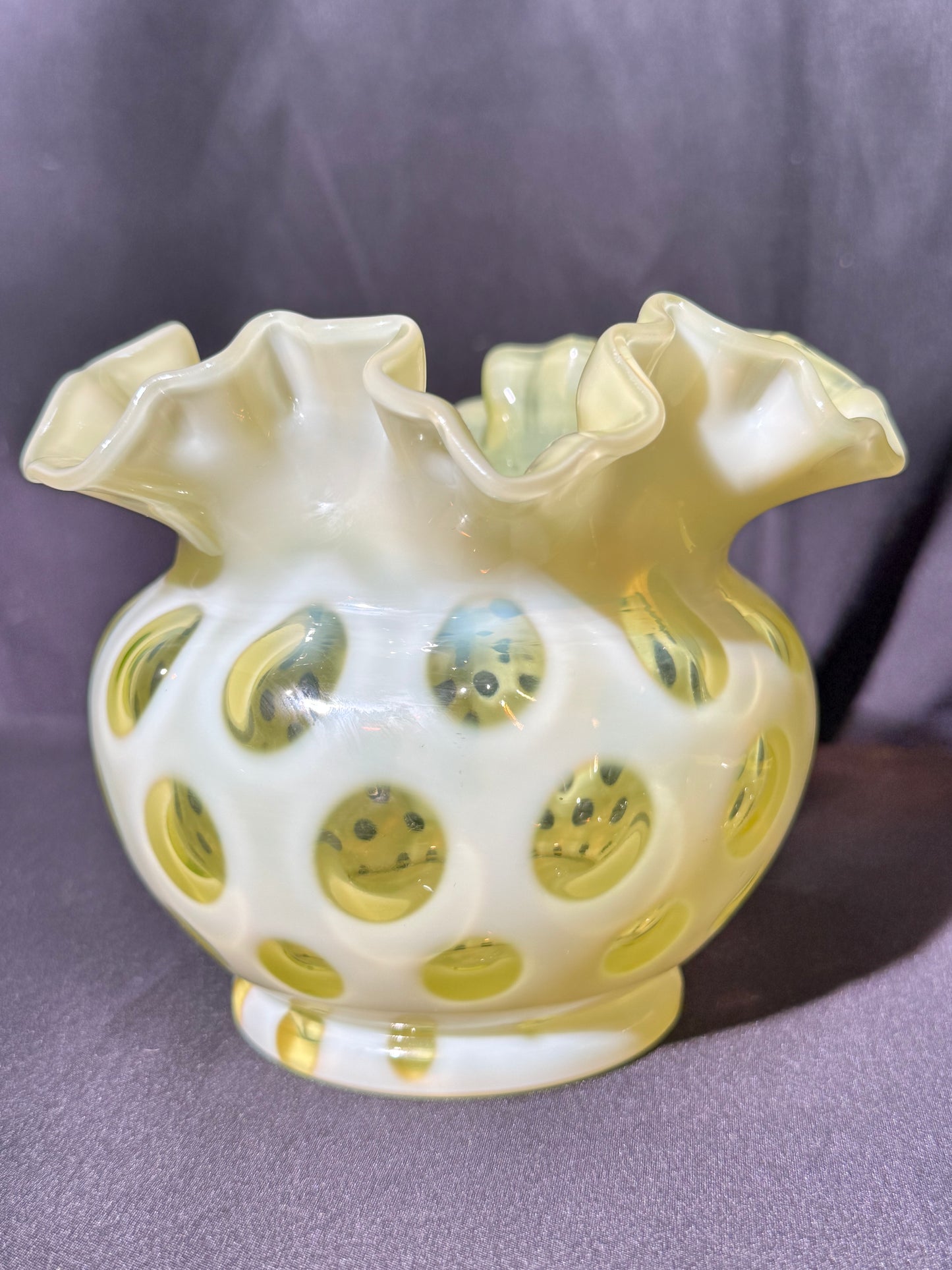 Uranium- Fenton- Vase - Yellow Opalescent- Coin Dot - “Thumbprint” - Vaseline Glass- Vintage