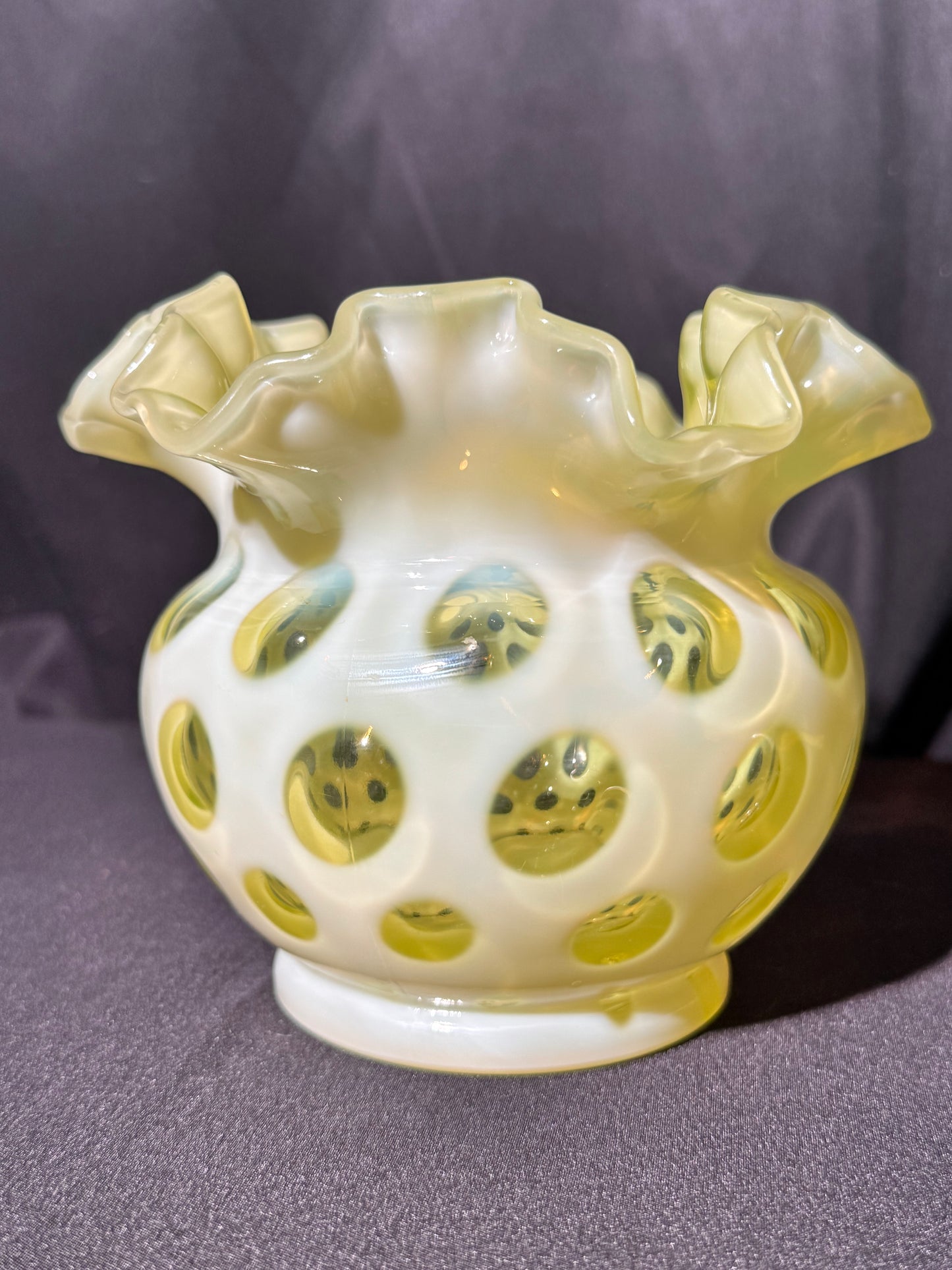 Uranium- Fenton- Vase - Yellow Opalescent- Coin Dot - “Thumbprint” - Vaseline Glass- Vintage
