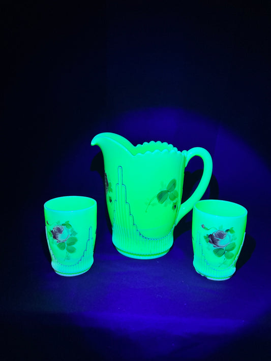 Uranium- EAPG Jefferson Glass Co. Ribbed Draped Pitcher & 2 Tumblers – Custard Glass