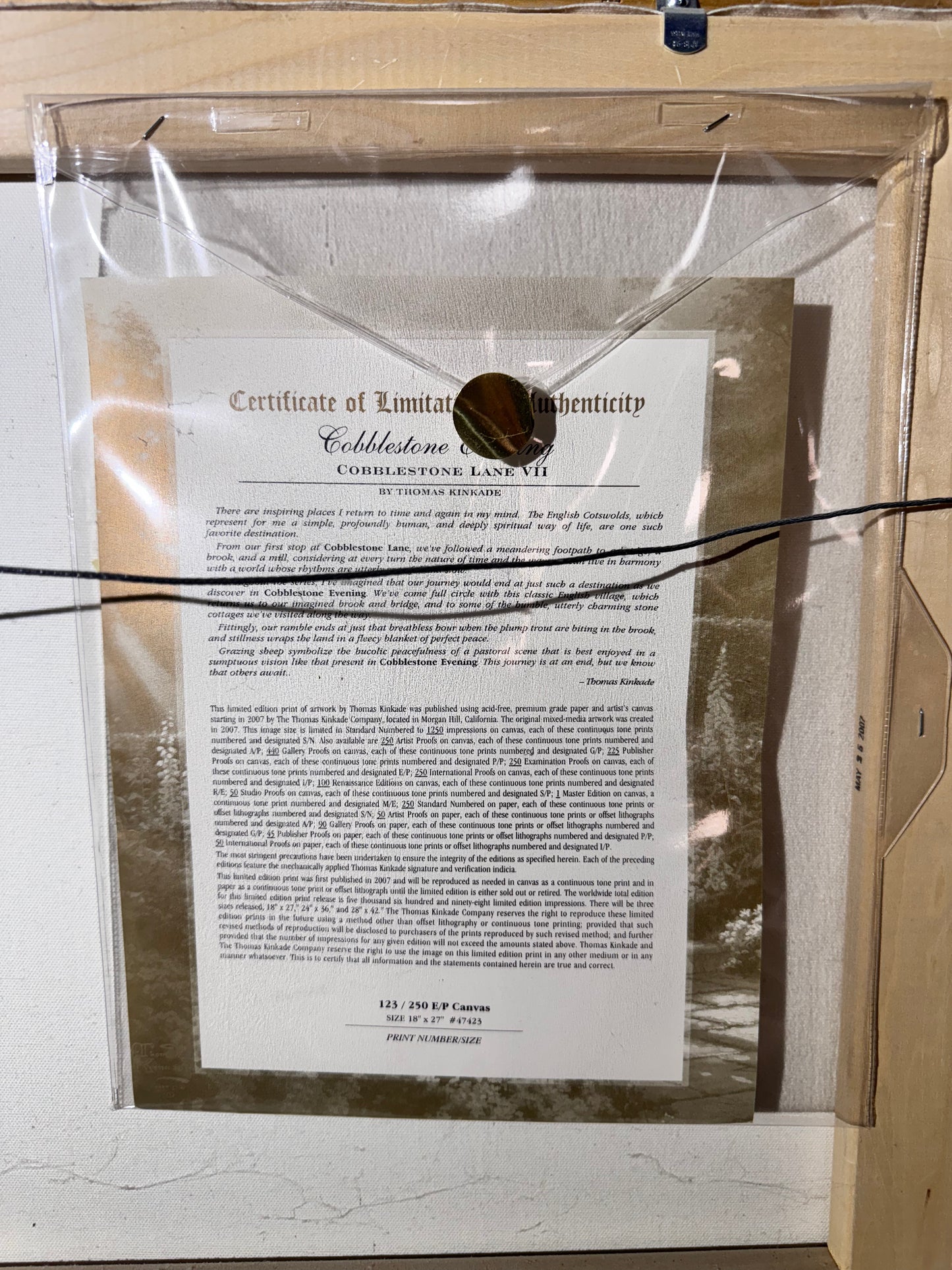 Thomas Kinkade “Cobblestone Lane VII” – Limited Edition  #123/250 E/P