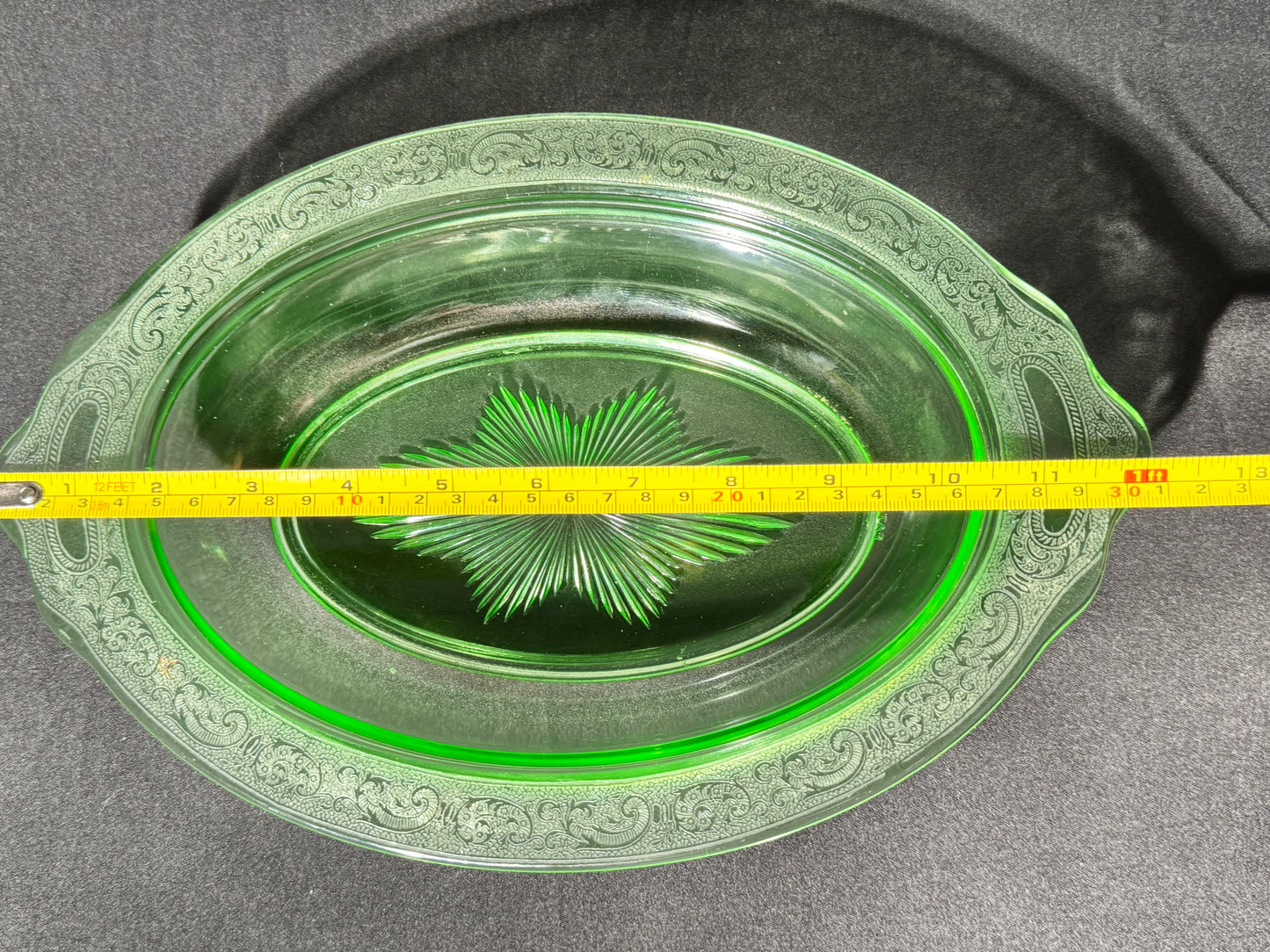 Uranium- Oval Serving Bowl - Etched- Jeanette- Vaseline Glass- vintage
