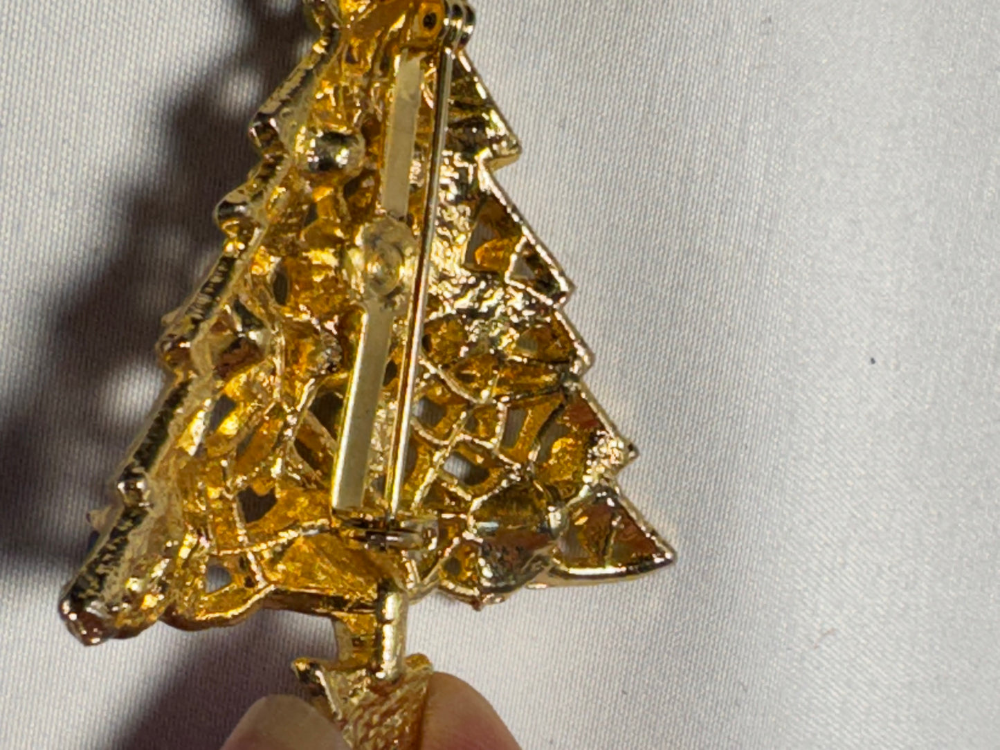 Vintage Christmas Tree Brooch with Gemstones – Gold Tone – 2” x 2.5”