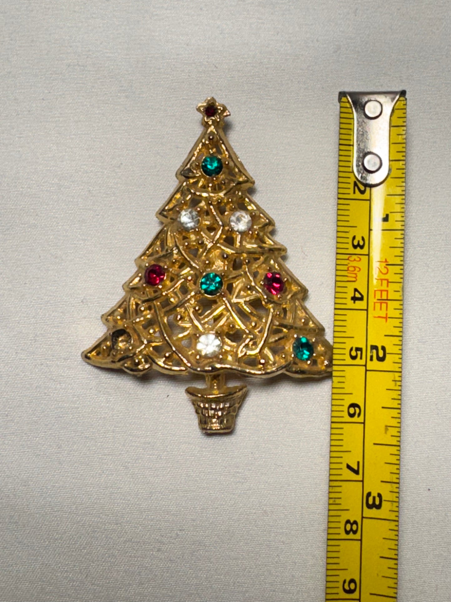Vintage Christmas Tree Brooch with Gemstones – Gold Tone – 2” x 2.5”
