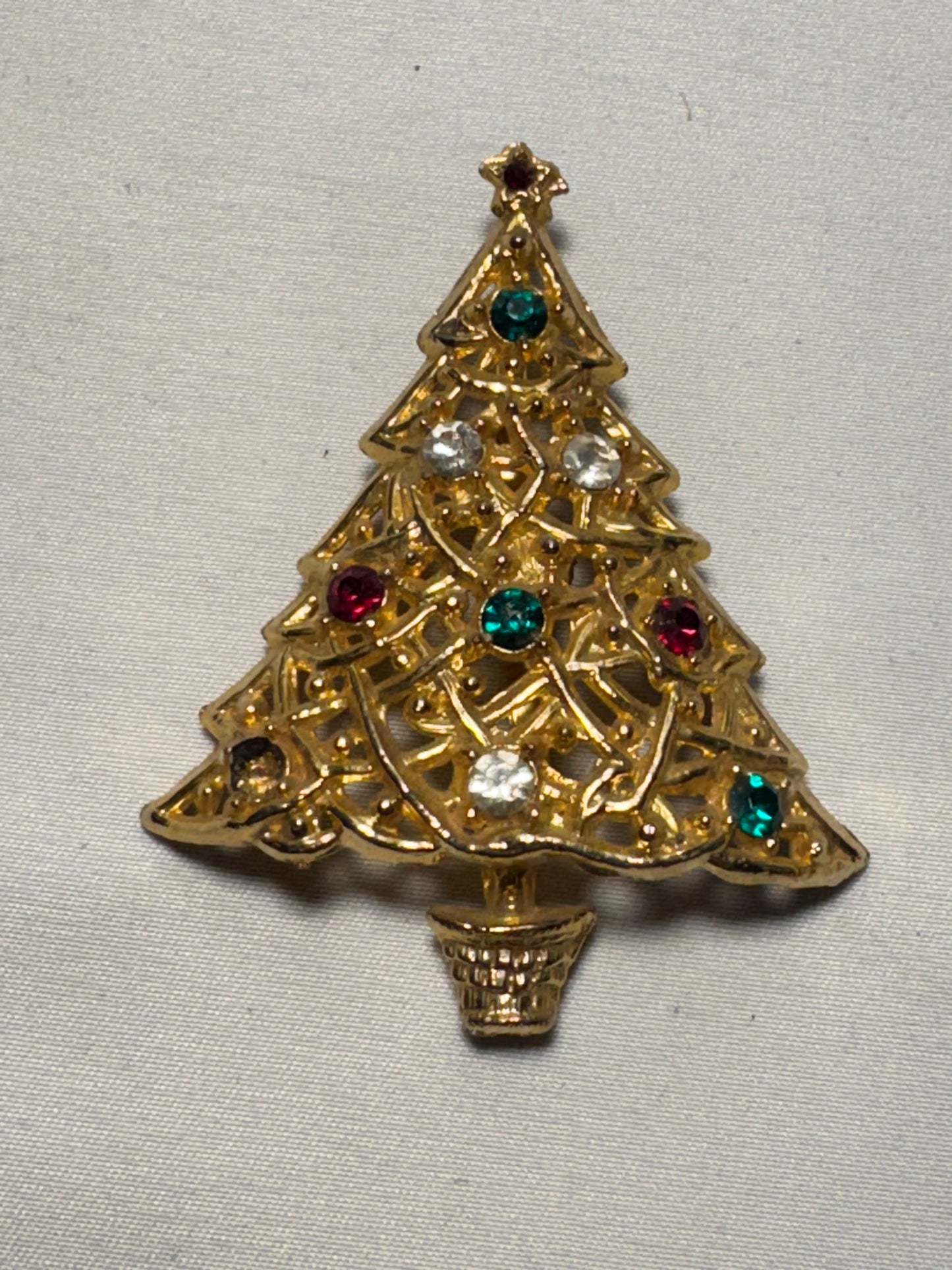 Vintage Christmas Tree Brooch with Gemstones – Gold Tone – 2” x 2.5”