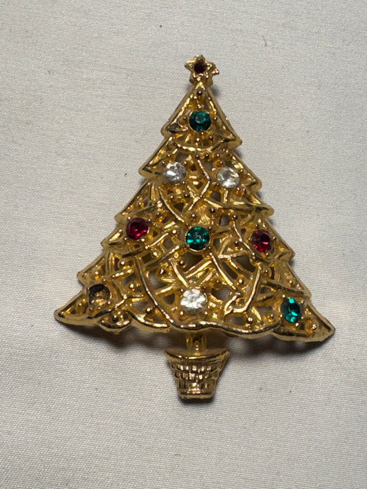 Vintage Christmas Tree Brooch with Gemstones – Gold Tone – 2” x 2.5”