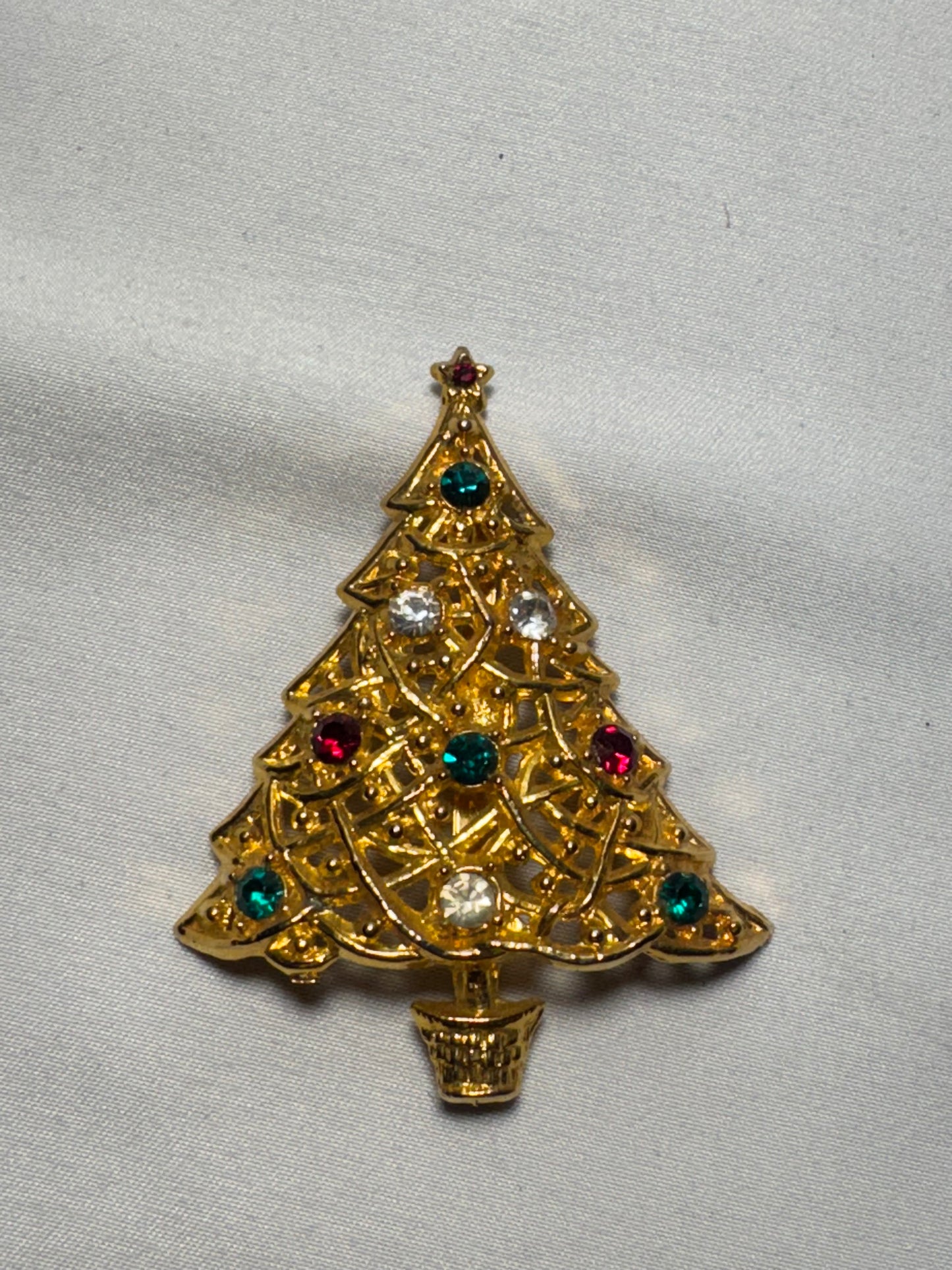 Vintage Gold Christmas Tree Brooch with Red, Green & Clear Gemstones