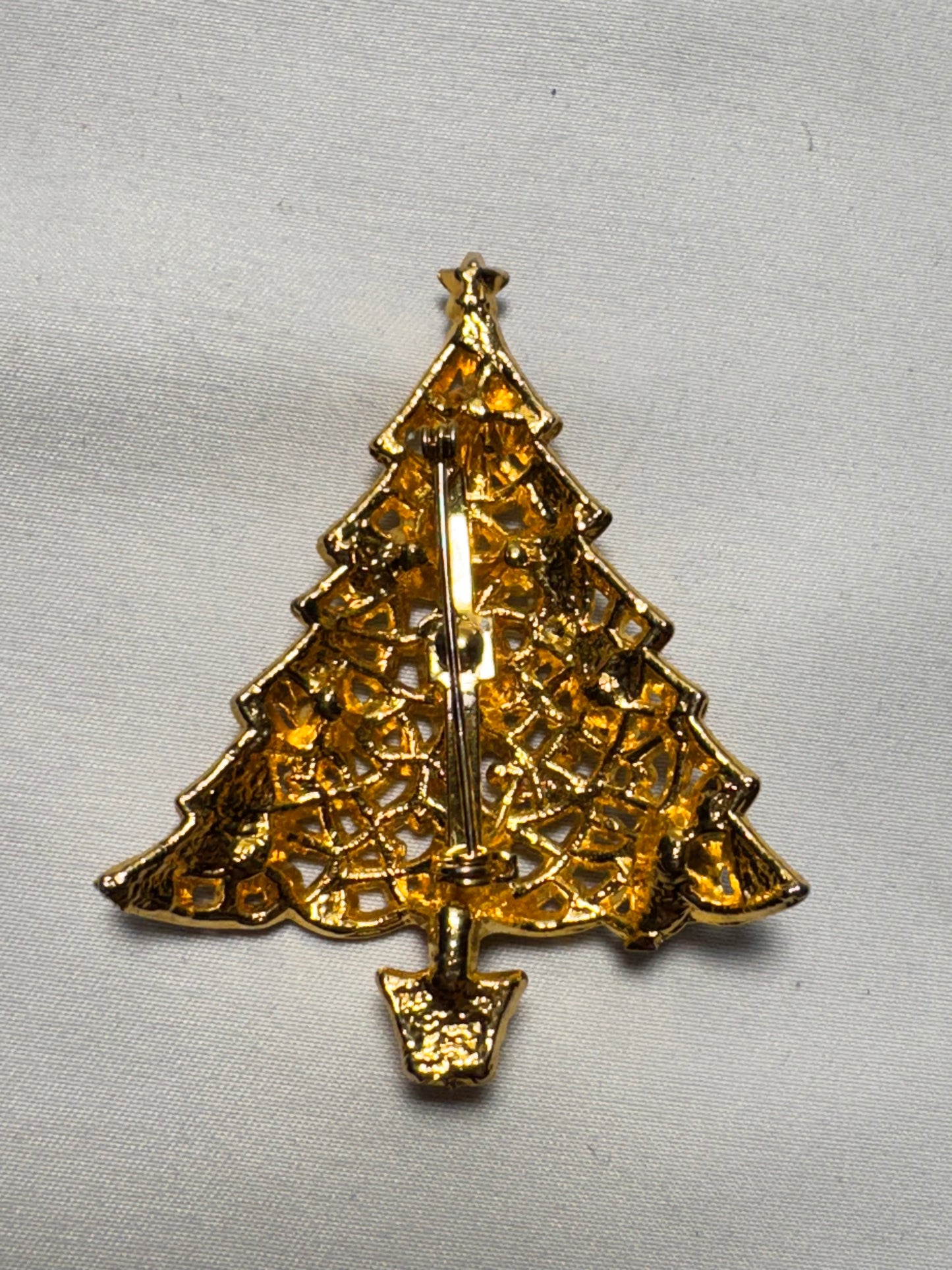 Vintage Gold Christmas Tree Brooch with Red, Green & Clear Gemstones