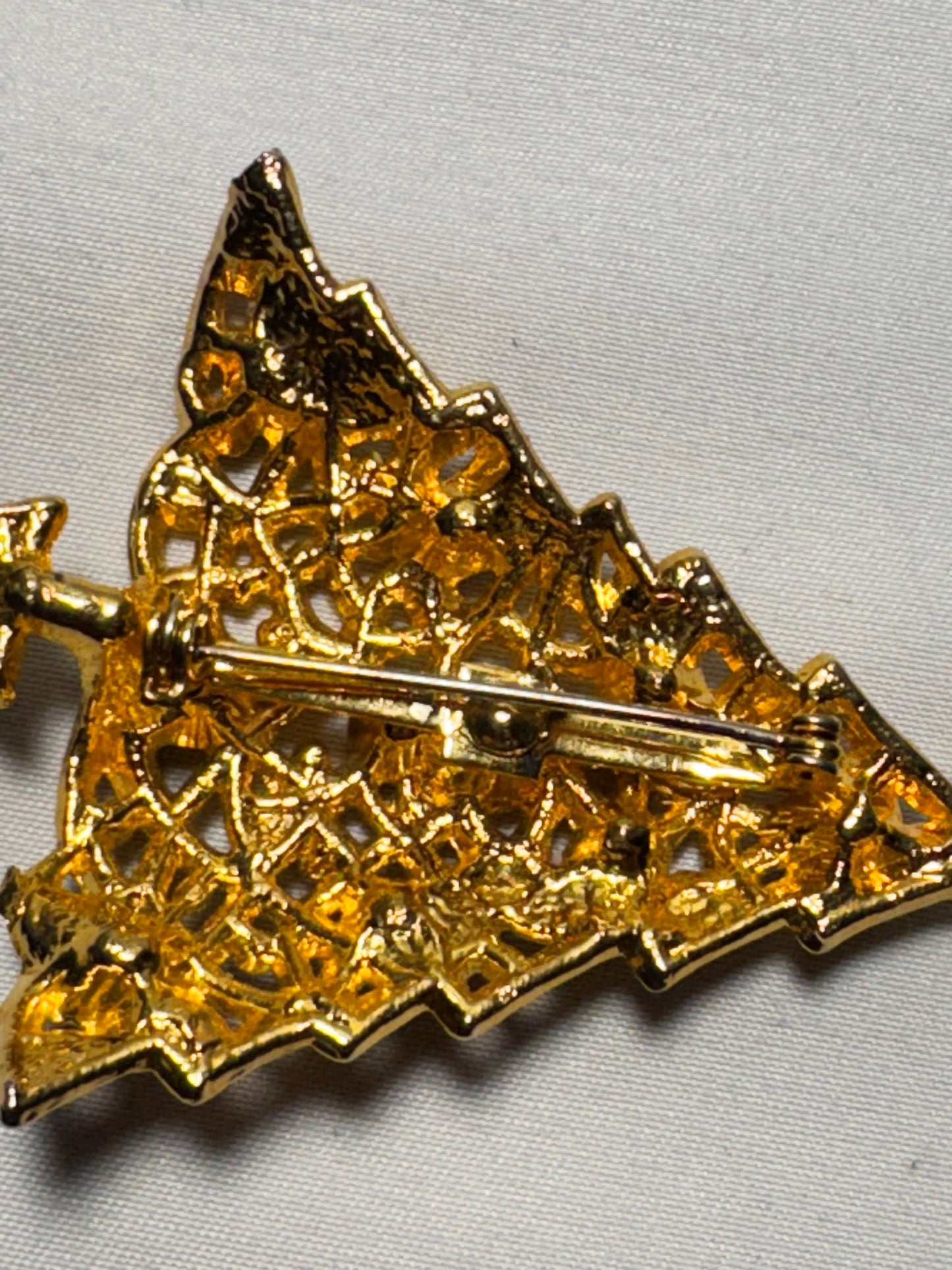 Vintage Gold Christmas Tree Brooch with Red, Green & Clear Gemstones