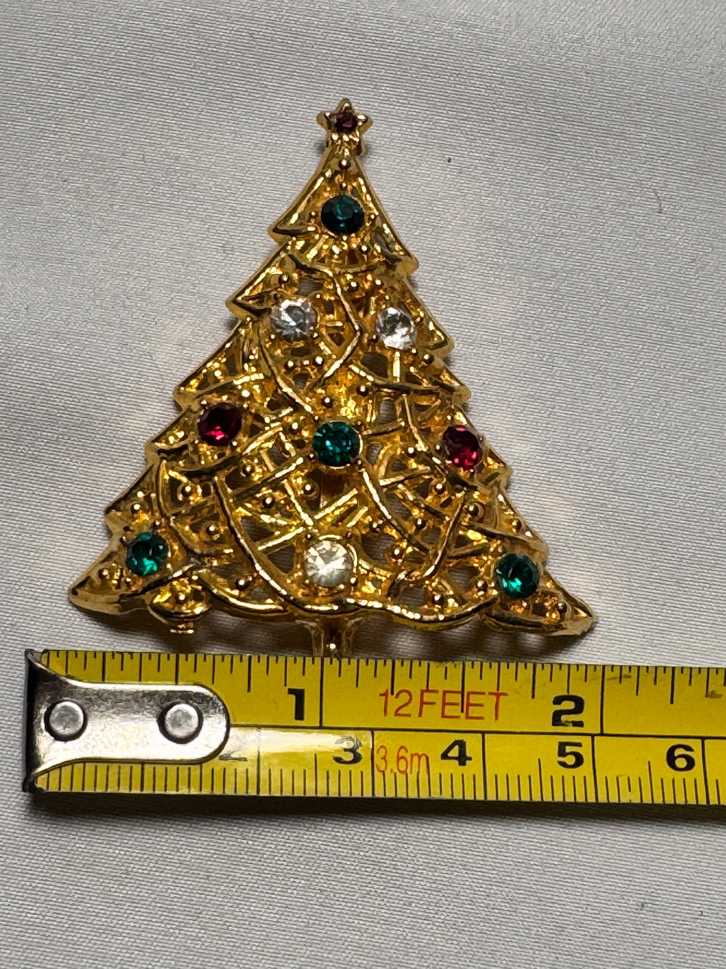 Vintage Gold Christmas Tree Brooch with Red, Green & Clear Gemstones