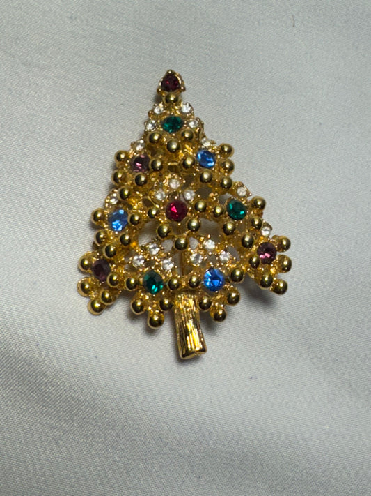 Vintage Gold-Tone Christmas Tree Brooch with Gemstone Accents