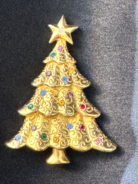 Vintage Christmas Tree Brooch with Multicolor Rhinestones – Gold Tone –