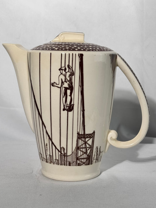 Our America Rockwell Kent - Coffee Pot -  Vernon Kilns - made in USA -Iron worker on Bridge