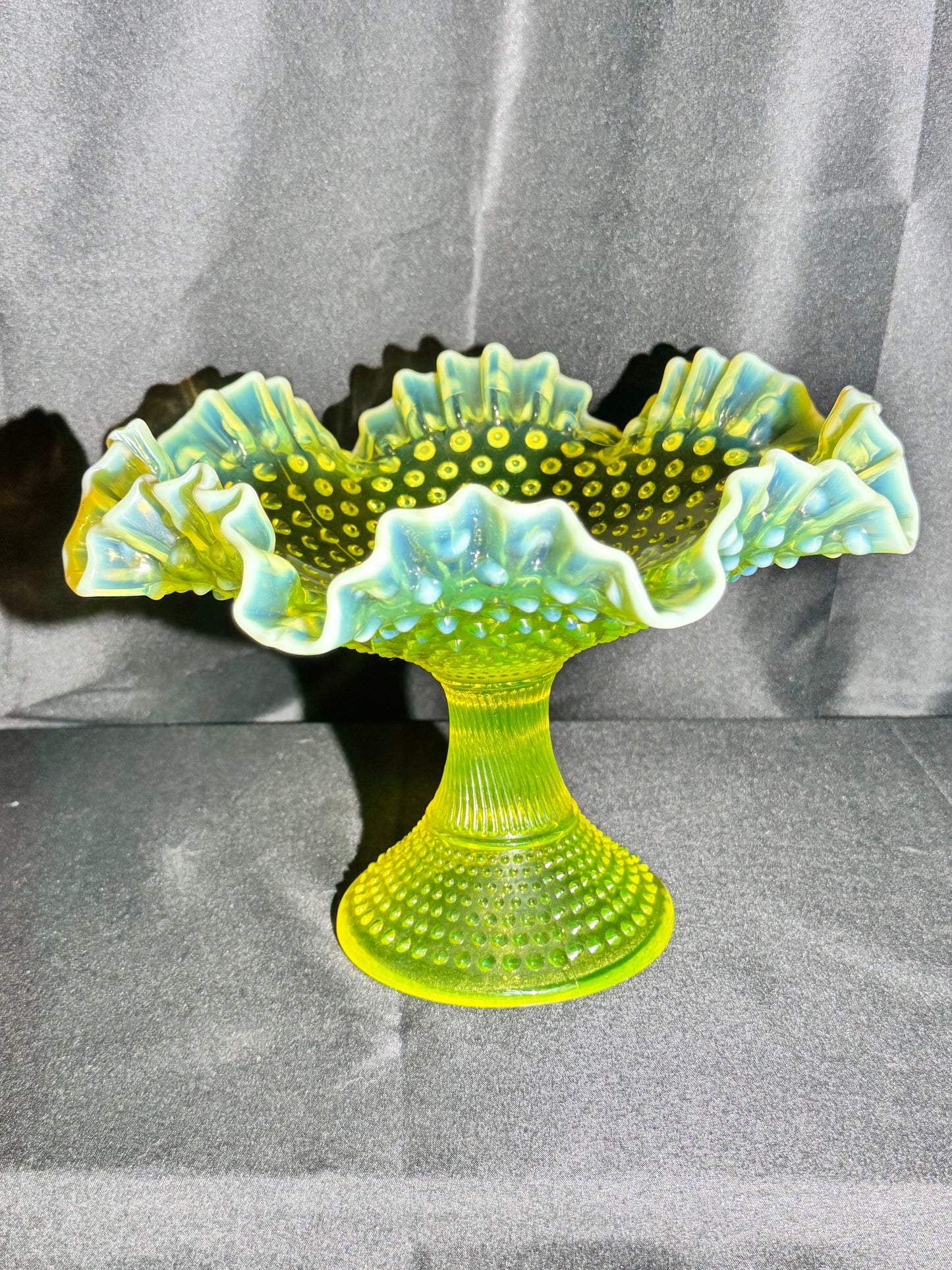 Uranium Fenton Hobnail Topaz Opalescent Ruffled Compote – 11” Wide x 11.5” Tall